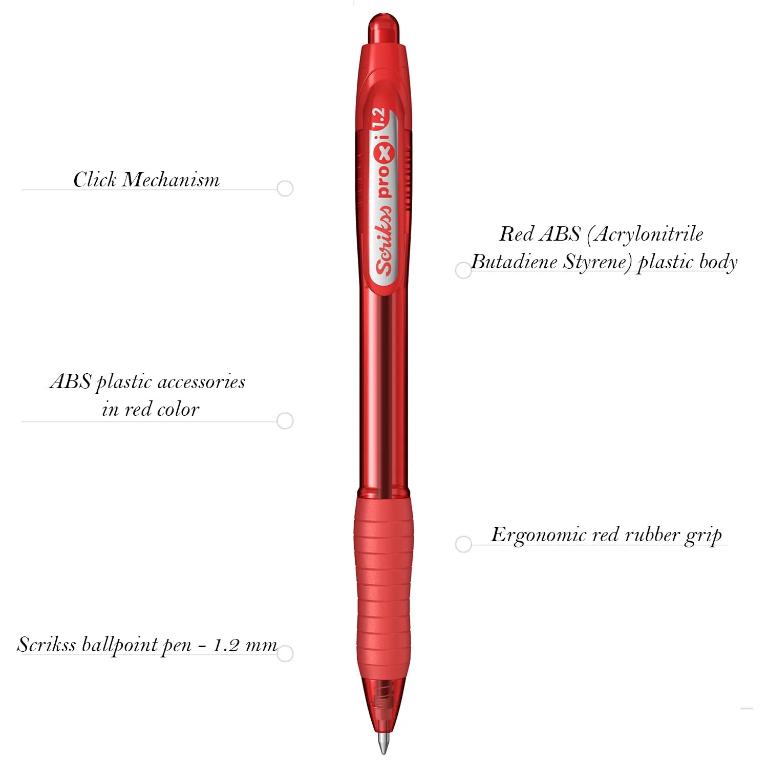 Scrikss Red Ink Ball Point Pen | Click Mechanism | 12 Red Barrel Ballpens | Proxi Series