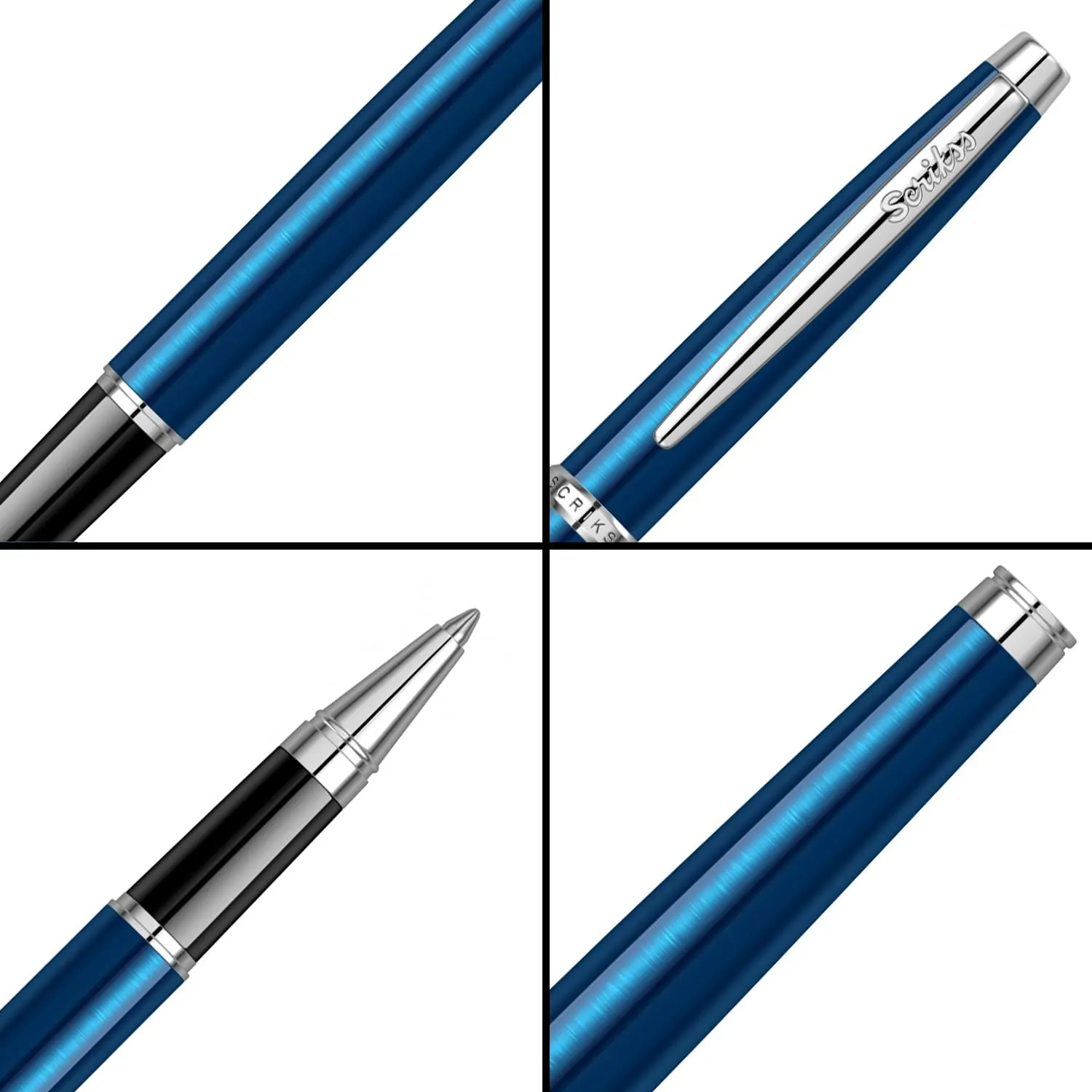 Scrikss Roller Ball Pen Navy Blue Brass Body Chrome Plated Trims Metropolis 800 Series Modern