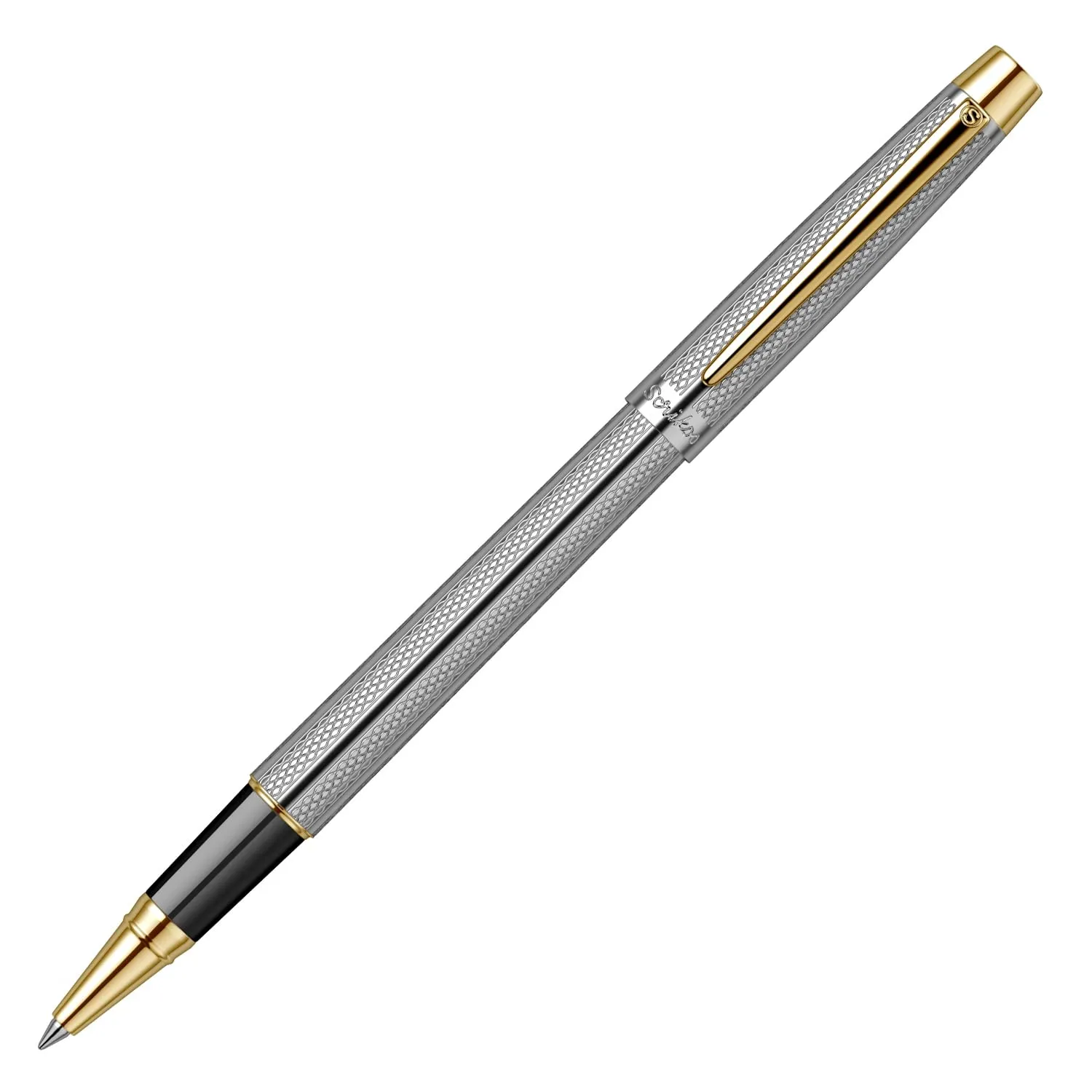 Scrikss Roller Ball Point Pen | Chrome Plated Brass Body | Gold Plated Trims | Venus 722 | Engraved with Wave Cut Pattern | Ideal for Gifting | Modern, Elegant & Luxurious Pen