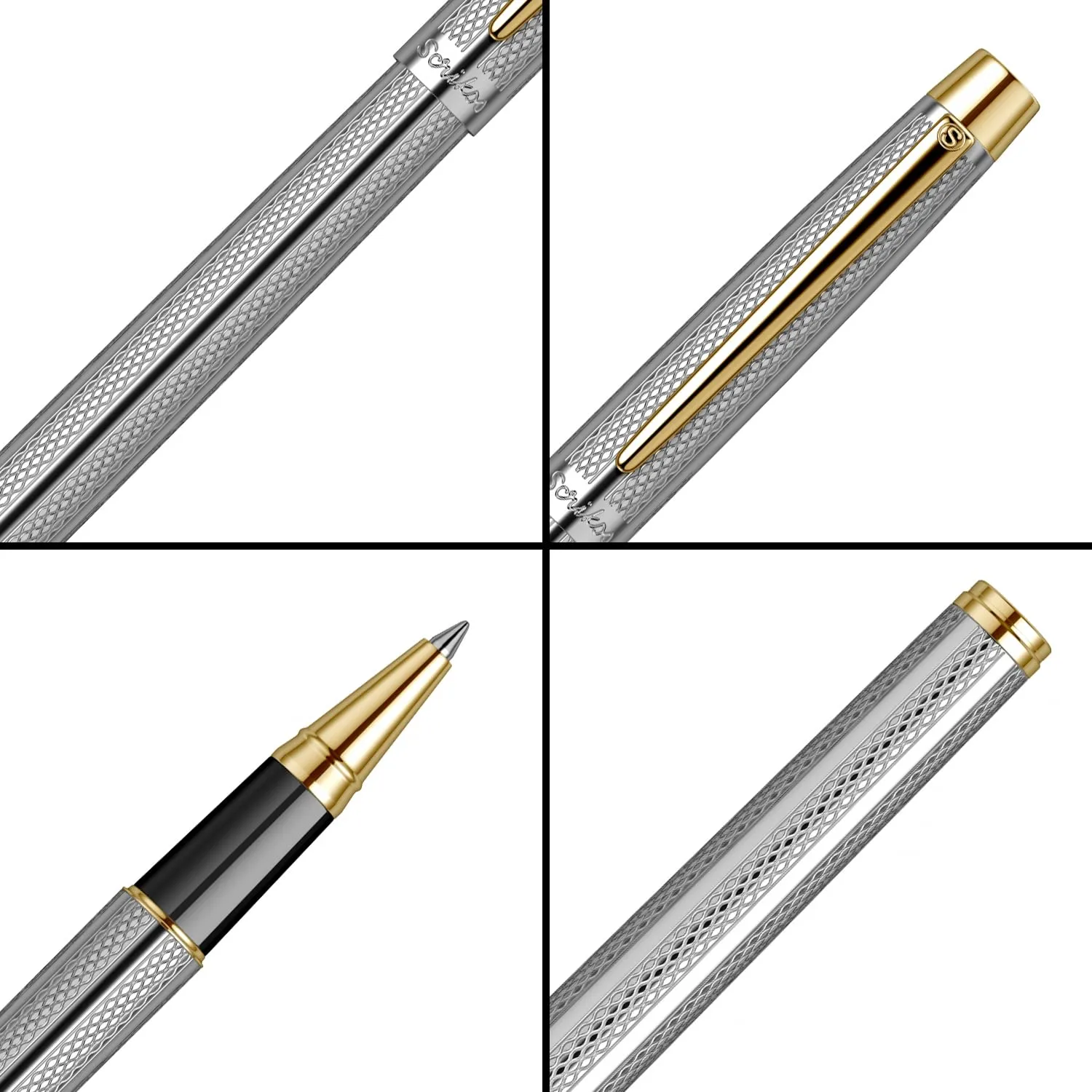 Scrikss Roller Ball Point Pen | Chrome Plated Brass Body | Gold Plated Trims | Venus 722 | Engraved with Wave Cut Pattern | Ideal for Gifting | Modern, Elegant