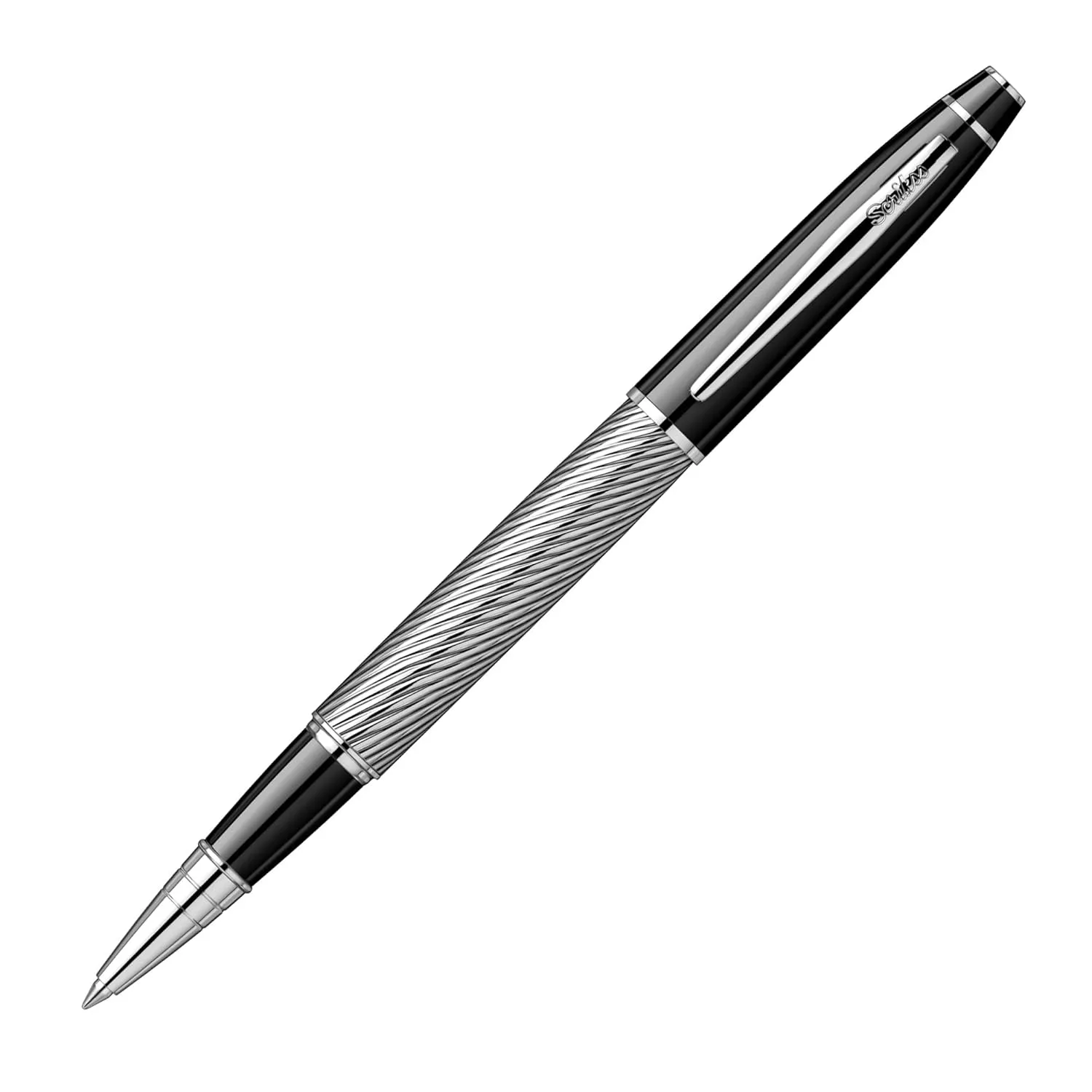 Scrikss Roller Ball Point Pen Black Chrome Spiral Brass Body Chrome Plated Trims Noble 35C Series Modern and Elegant Pen Ideal for Gifting Using in Office Home