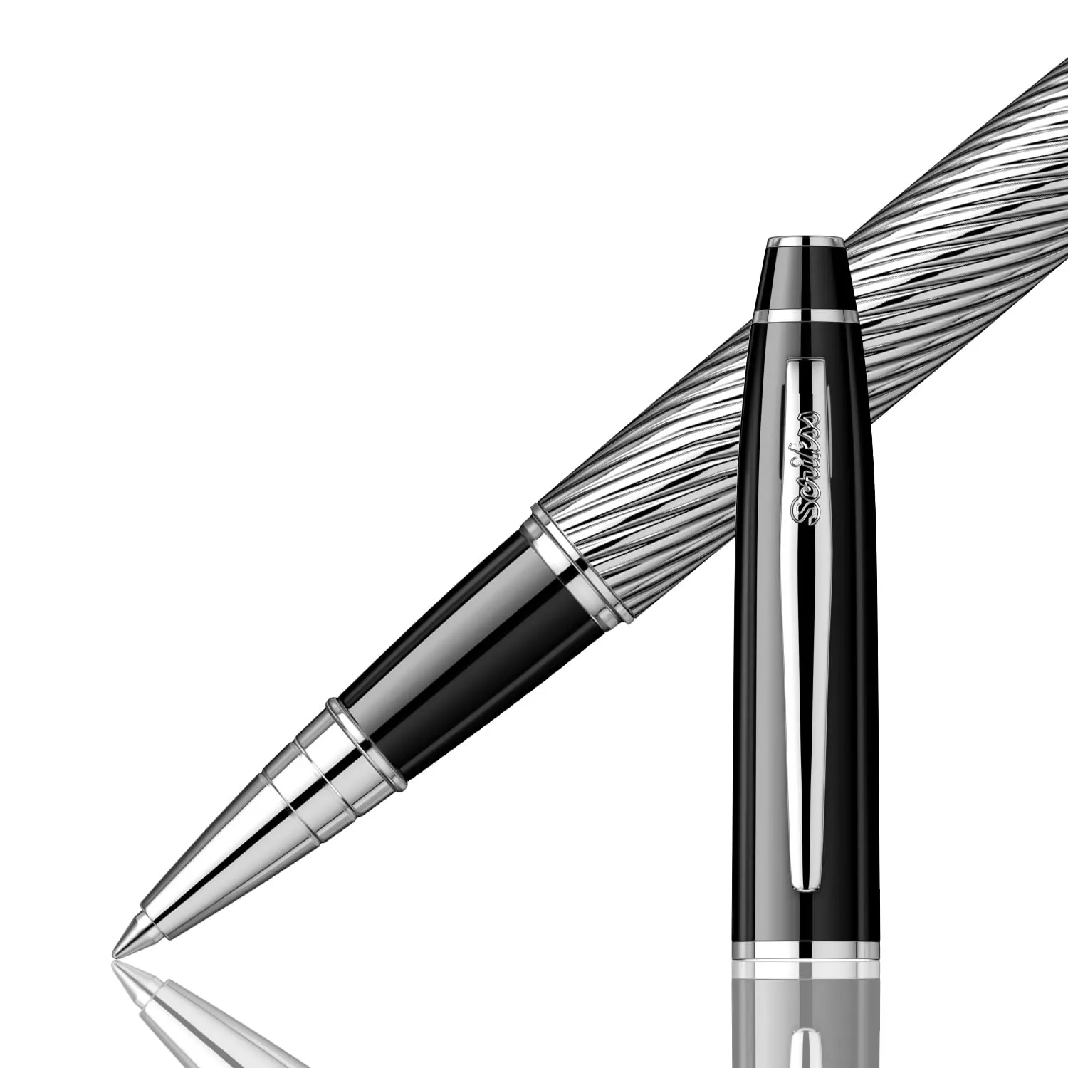 Scrikss Roller Ball Point Pen Black Chrome Spiral Brass Body Chrome Plated Trims Noble 35C Series Modern and Elegant Pen Ideal for Gifting Using in Office Home