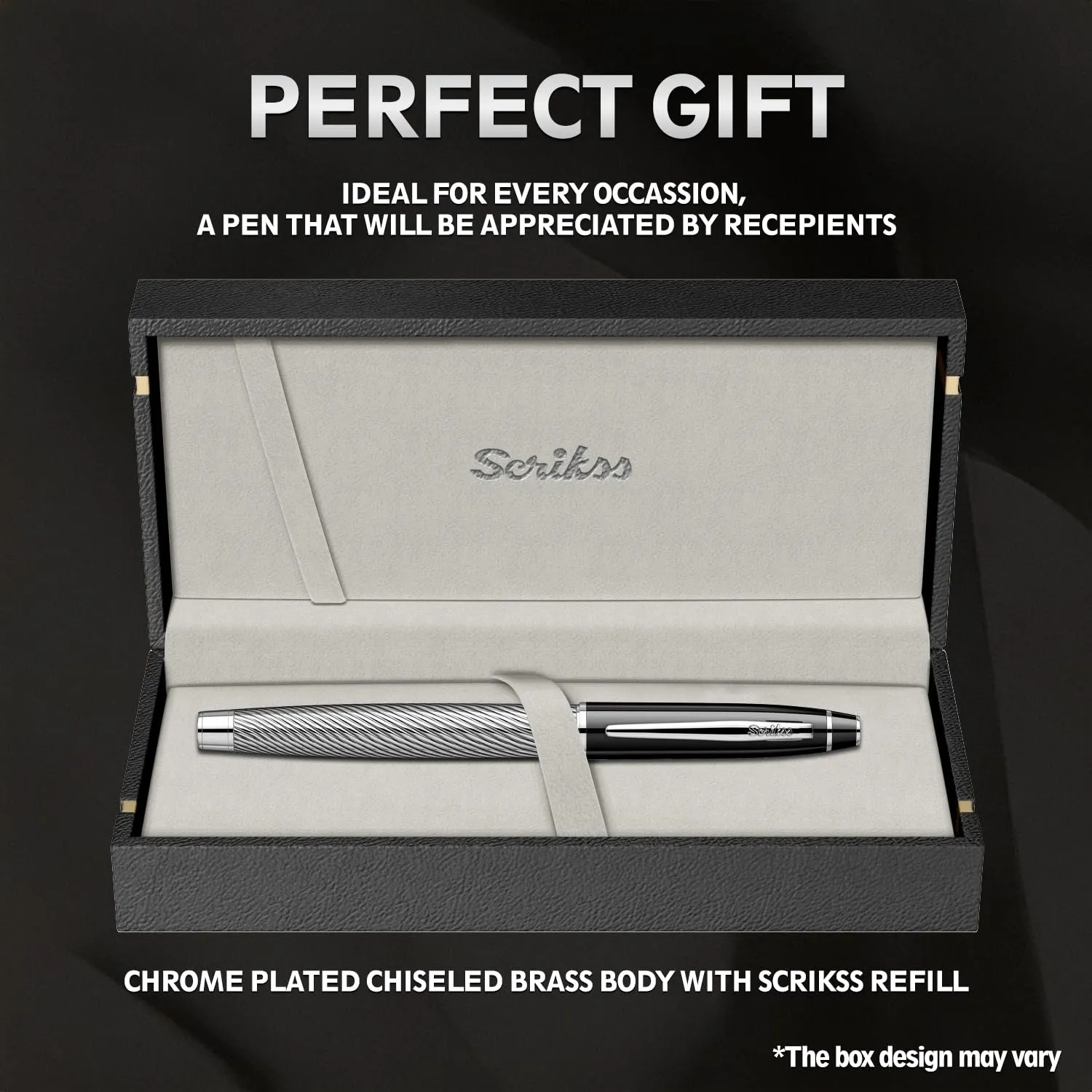 Scrikss Roller Ball Point Pen Black Chrome Spiral Brass Body Chrome Plated Trims Noble 35C Series Modern and Elegant Pen Ideal for Gifting Using in Office Home