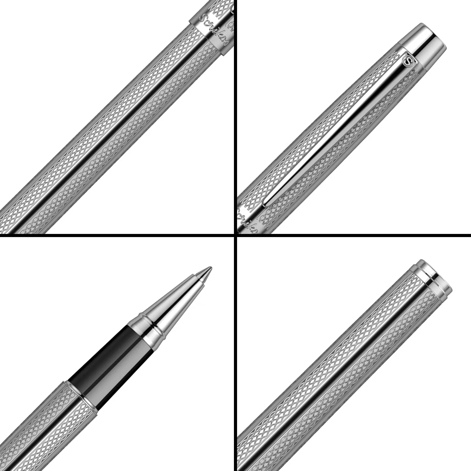 Scrikss Roller Ball Point Pen Chrome Plated Brass Body Venus 722 Engraved with Wave Cut Pattern Ideal for Gifting Modern, Elegant