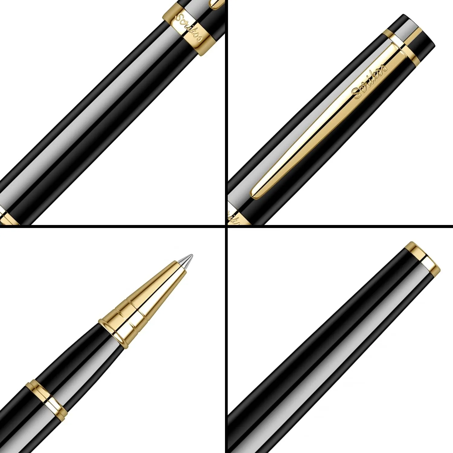 Scrikss Roller Ball Point Pen Glossy Black Brass Body Gold Plated Trims Honour 38 Series Modern and Elegant Pen Ideal for Gifting Using in Office Home