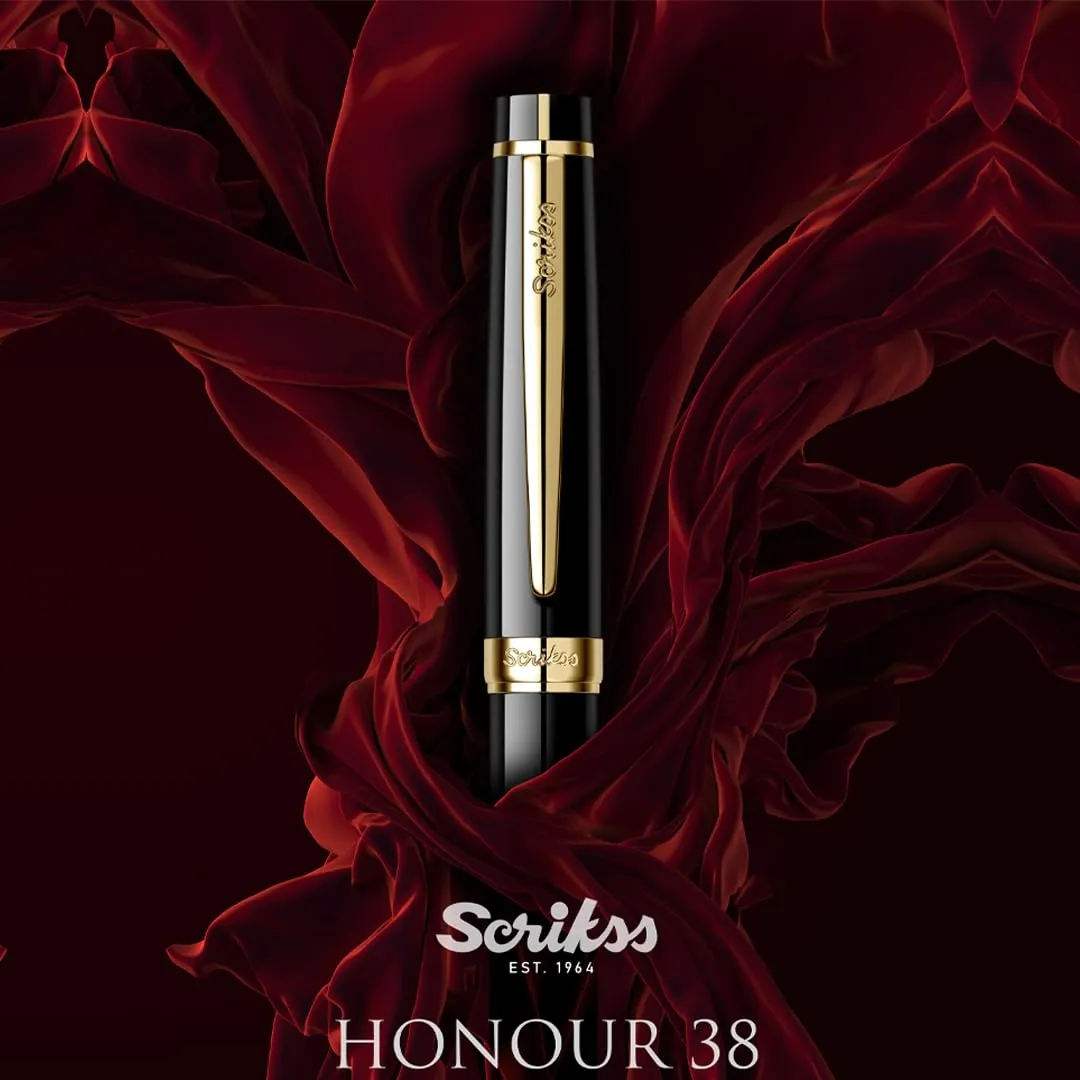Scrikss Roller Ball Point Pen Glossy Black Brass Body Gold Plated Trims Honour 38 Series Modern and Elegant Pen Ideal for Gifting Using in Office Home