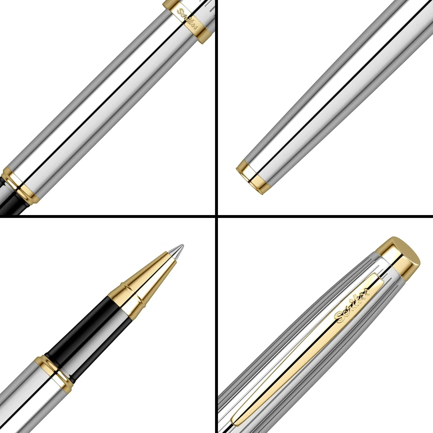 Scrikss Roller Ball Point Pen Liquid Ink Chrome Plated Brass Body Gold Plated Trims Oscar 39 Series Modern and Elegant Pen Ideal for Gifting Using in Office Home