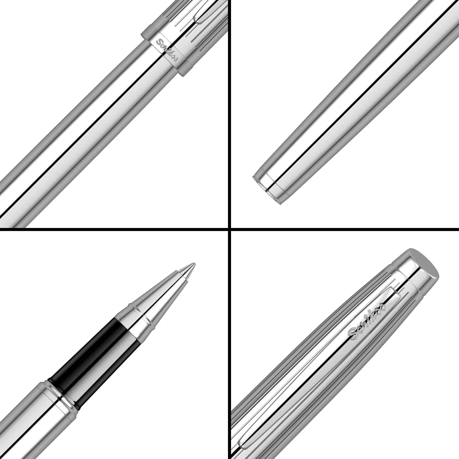 Scrikss Roller Ball Point Pen Liquid Ink Chrome Plated Brass Body Oscar 39 Series Modern and Elegant Pen Ideal for Gifting Using in Office Home