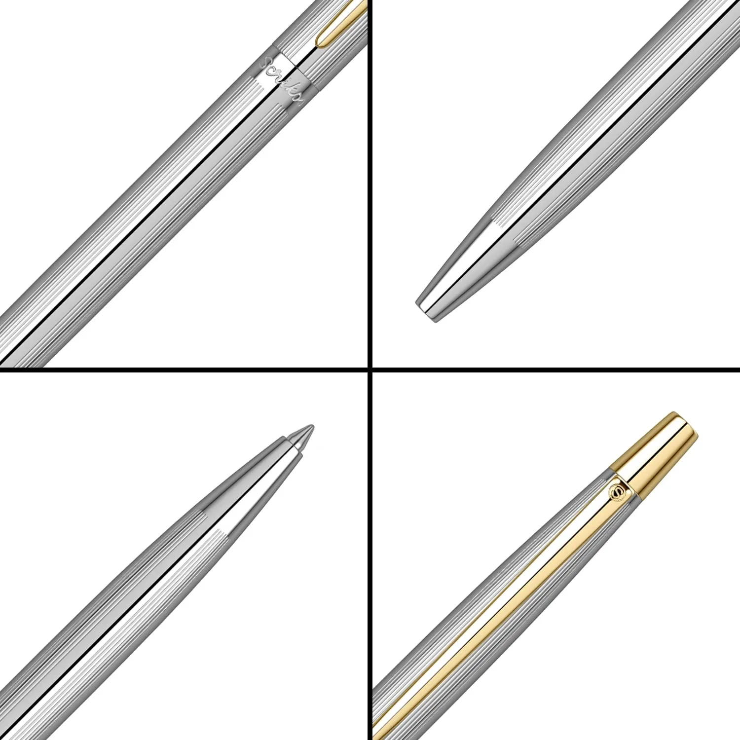 Scrikss Slim Ball Point Pen Chrome Plated Brass Body Gold Plated Trims Twist Mechanism Venus 711 Engraved with Line Cut Pattern Ideal for Gifting