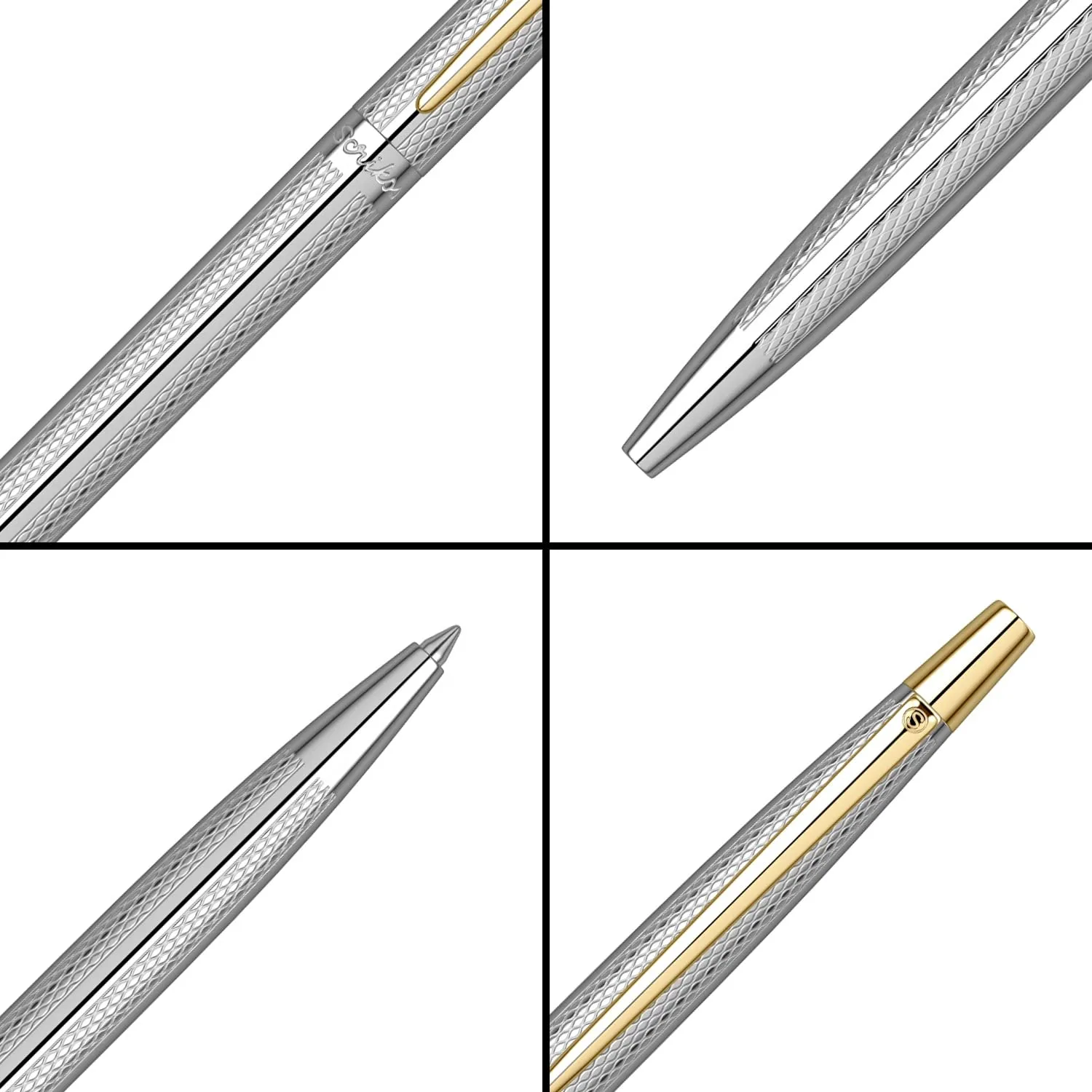 Scrikss Slim Ball Point Pen Chrome Plated Brass Body Gold Plated Trims Twist Mechanism Venus 711 Engraved with Wave Cut Pattern Ideal for Gifting