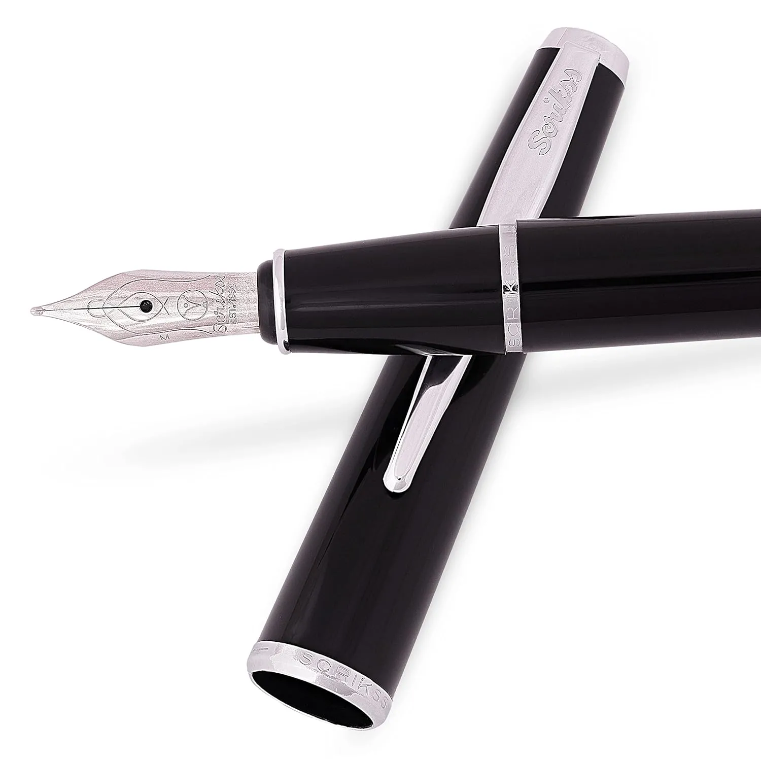 Scrikss Vintage 33 Glossy Black Fountain Ink Pen With Medium Size Nib, Chrome Trims, Mounted Converter for Writing Office Corporate Gifting Professionals Students