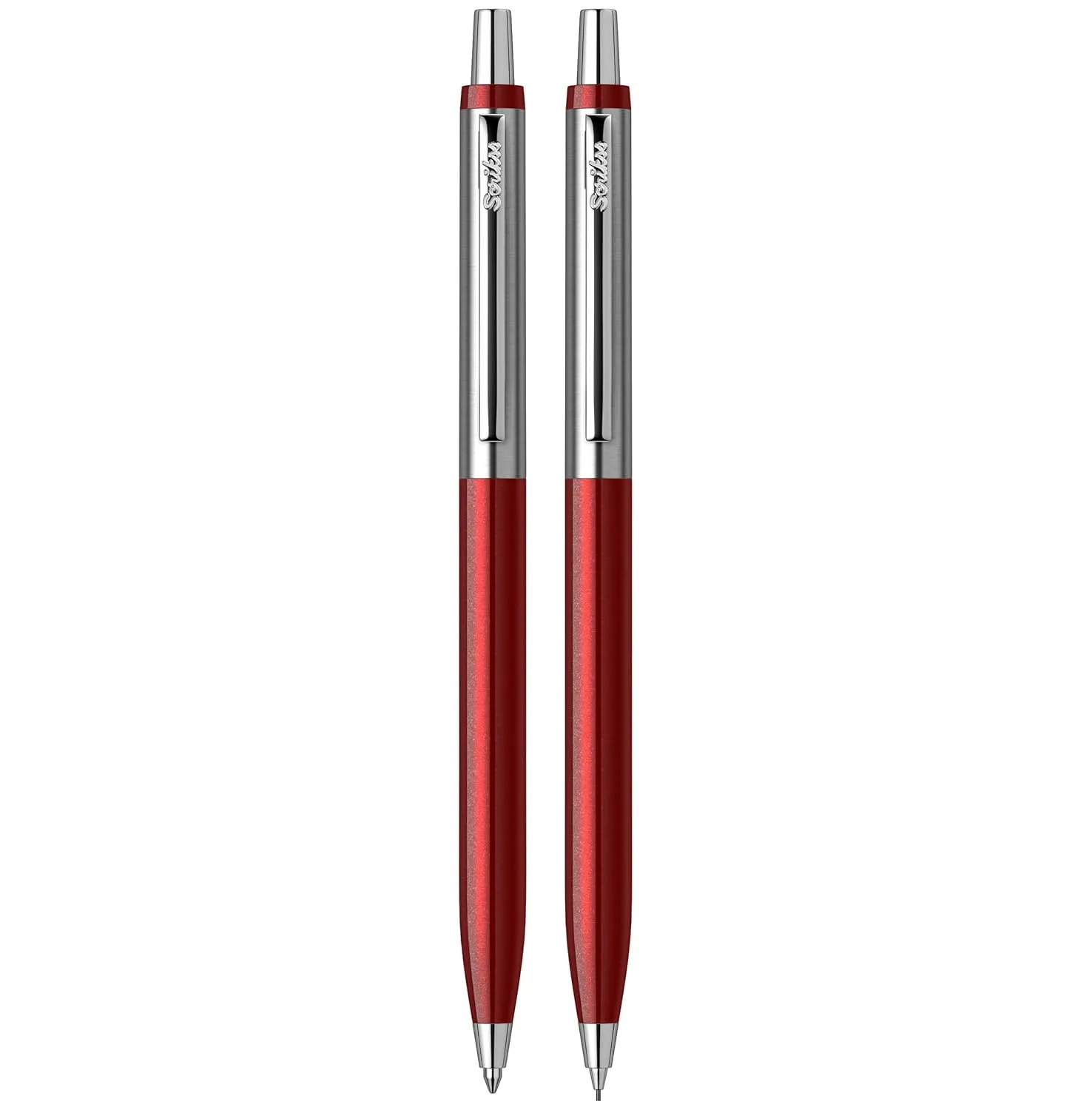 Scrikss Vintage 51 Ball Point Pen & 0.7mm Mechanical Pencil Glossy Burgundy Lacquered Metal Lower Body Stainless Steel Upper Body Chrome Plated Brass Accessories