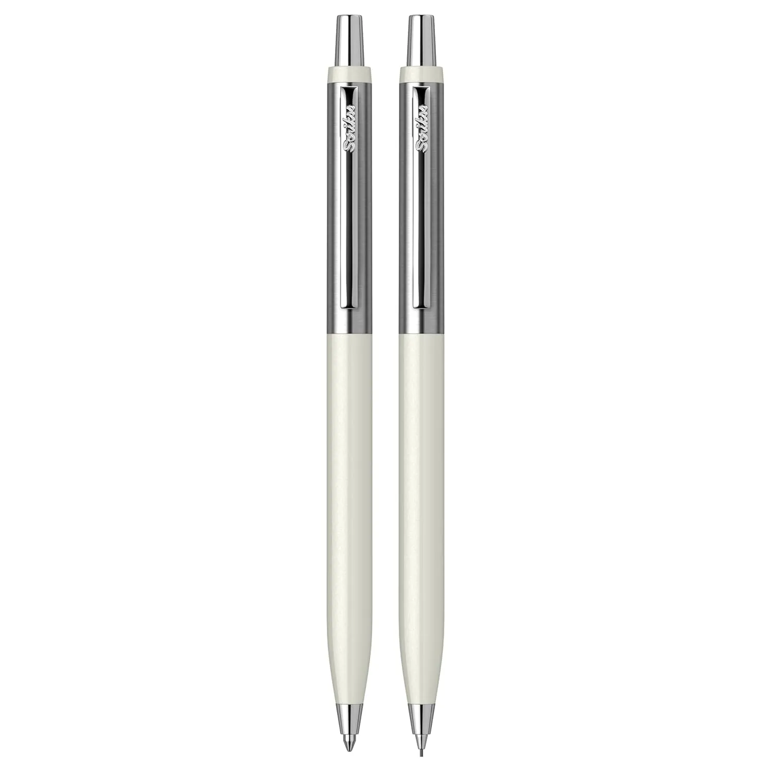 Scrikss Vintage 51 Ball Point Pen & 0.7mm Mechanical Pencil Glossy White Lacquered Metal Lower Body Stainless Steel Upper Body Chrome Plated Brass Accessories