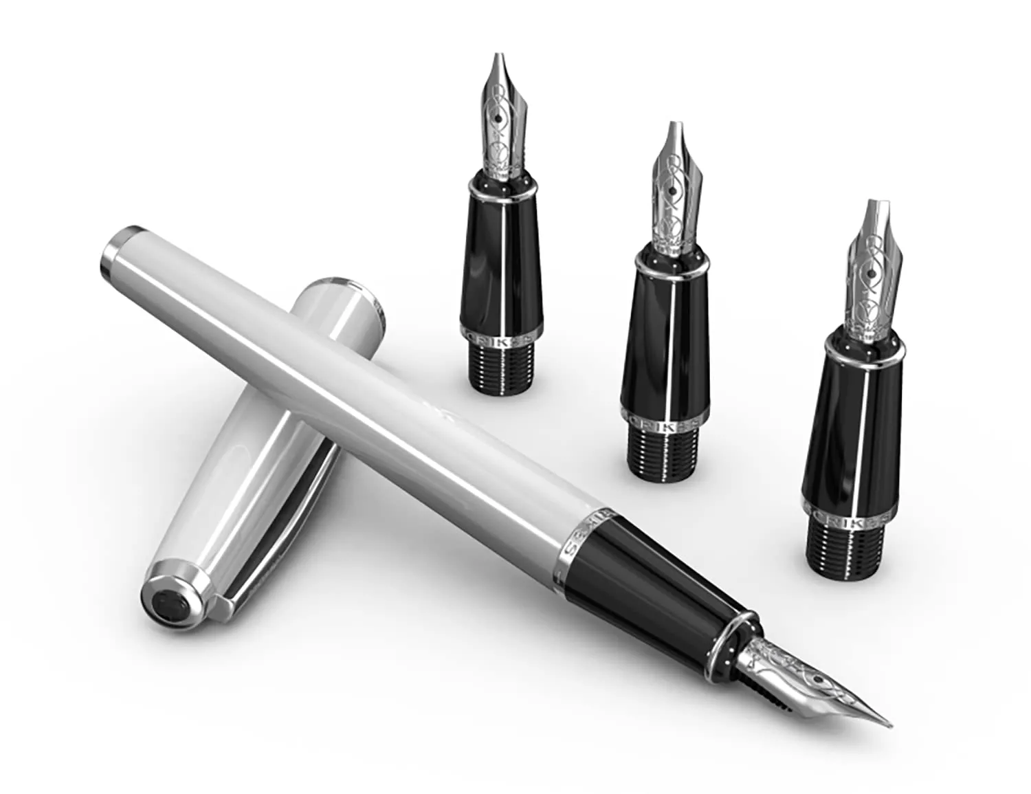Scrikss White Calligraphy Pen Set With Medium, 1.1mm 1.5mm 2.3mm Nib Chrome Trim  Clip, Converter and 6 Black Ink Cartridges Body & Cap Made Of White Acrylic Carbon Fiber Grip Made Of ABS Black