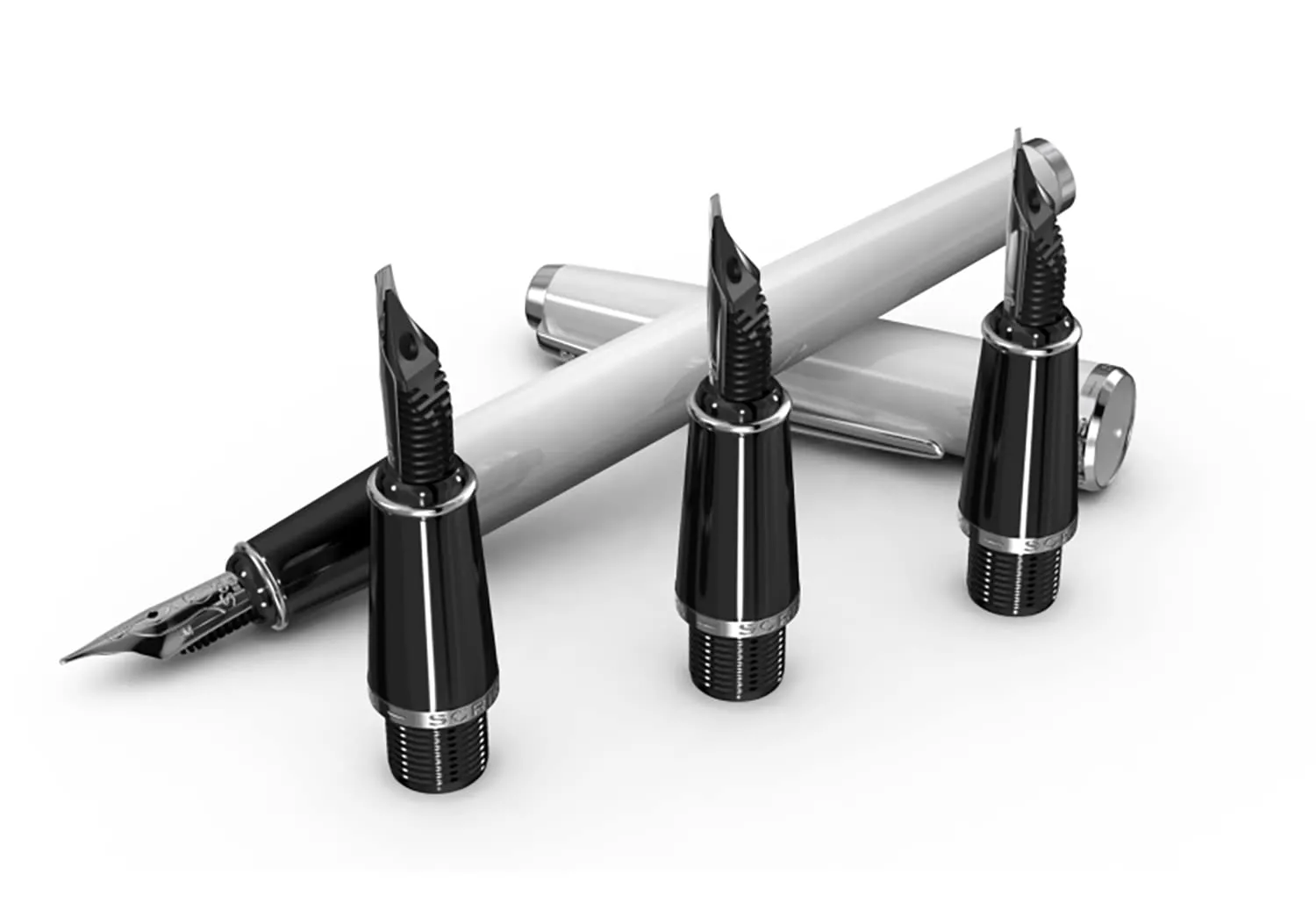 Scrikss White Calligraphy Pen Set With Medium, 1.1mm 1.5mm 2.3mm Nib Chrome Trim Clip, Converter and 6 Black Ink Cartridges Body