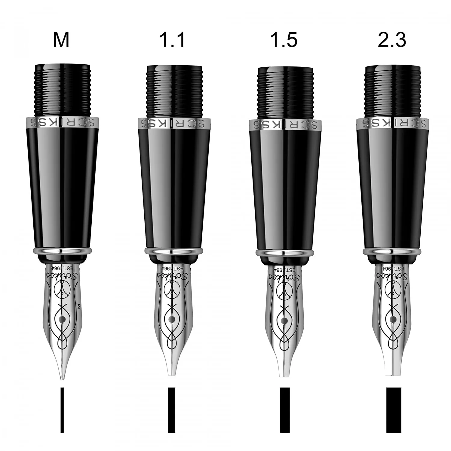 Scrikss White Calligraphy Pen Set With Medium, 1.1mm 1.5mm 2.3mm Nib Chrome Trim Clip, Converter and 6 Black Ink Cartridges Body