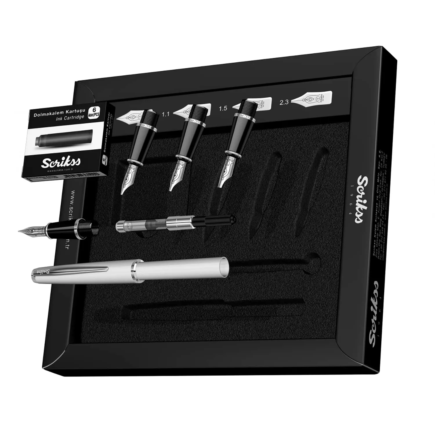 Scrikss White Calligraphy Pen Set With Medium, 1.1mm 1.5mm 2.3mm Nib Chrome Trim Clip, Converter and 6 Black Ink Cartridges Body