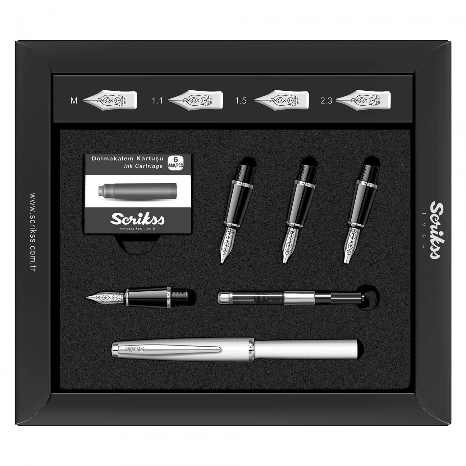 Scrikss White Calligraphy Pen Set With Medium, 1.1mm 1.5mm 2.3mm Nib Chrome Trim Clip, Converter and 6 Black Ink Cartridges Body