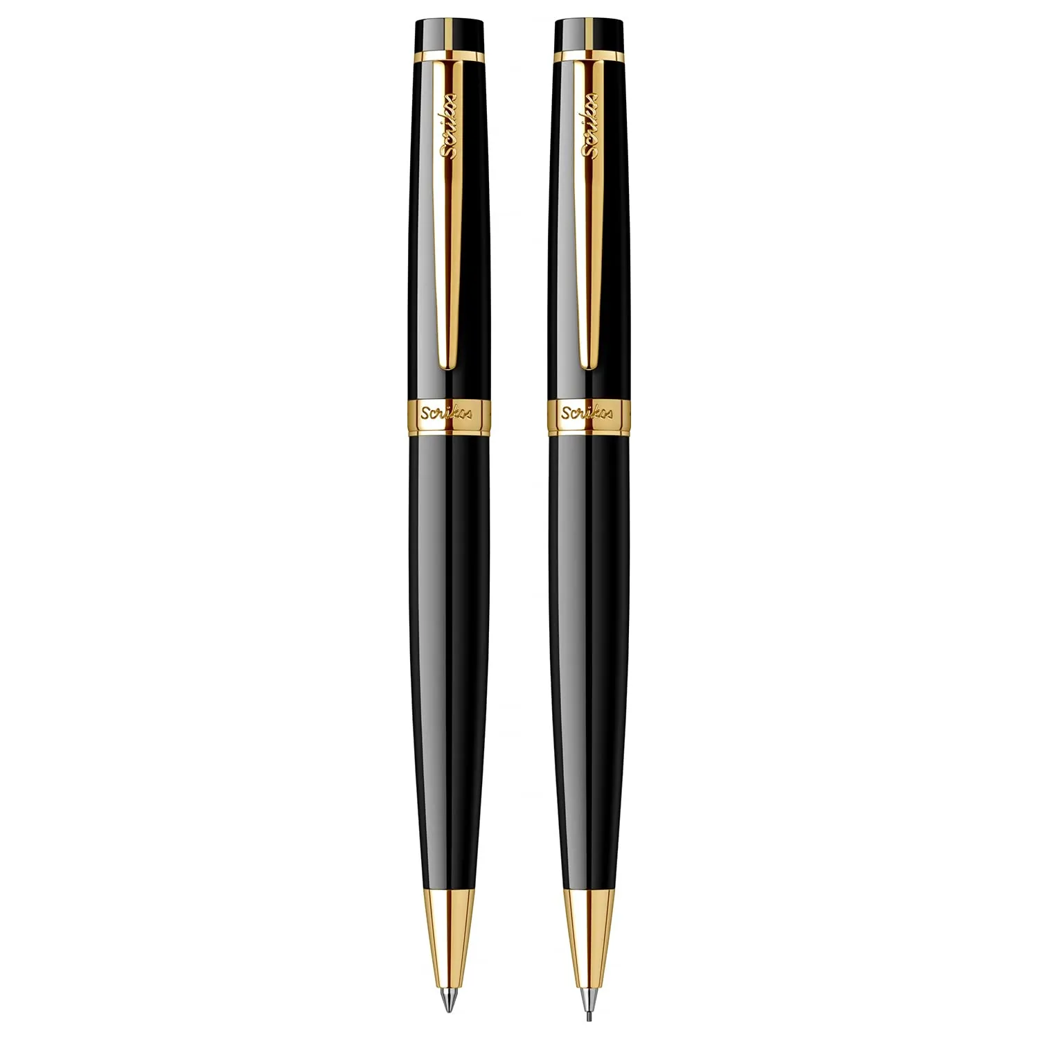 Scrikss 0.7mm Mechanical Lead Pen Pencil & Ball Point Pen Set Black Brass Body Gold Plated Trims Honour 38 Series Gift Pen Set Modern & Elegant Pen Ideal for Gifting Office Home