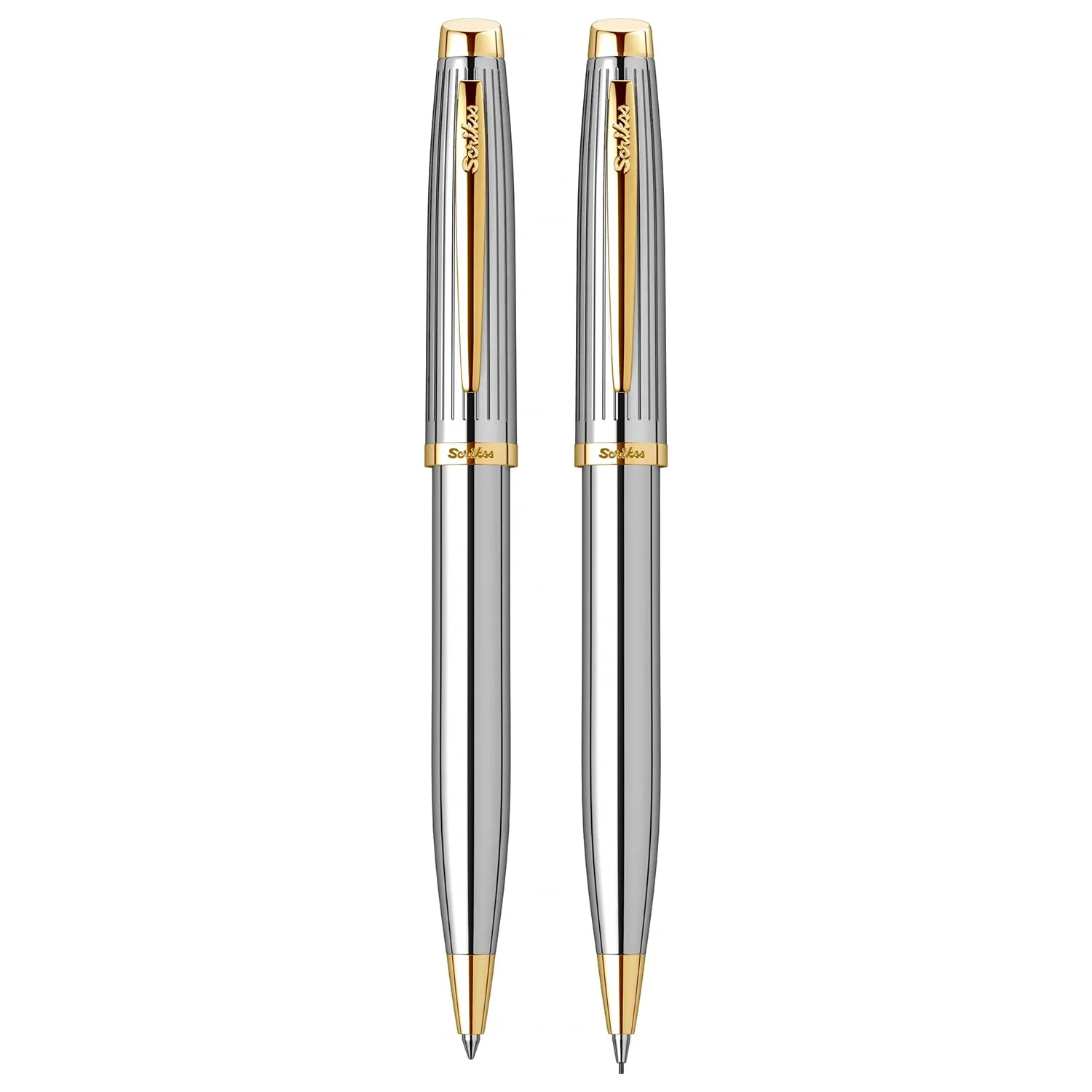 Scrikss 0.7mm Mechanical Lead Pen Pencil & Ball Point Pen Set Chrome Plated Brass Body Gold Plated Trims Oscar 39 Series Gift Pen Set Modern Pen Ideal for Gifting Using in Office Home