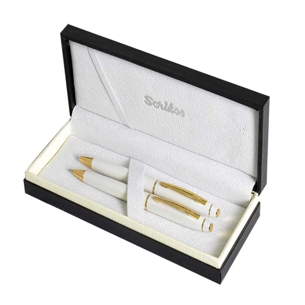 Scrikss 0.7mm Mechanical Lead Pen Pencil & Ball Point Pen Set Pearl White Brass Body Gold Plated Trims Noble 35 Series Gift Pen Set Modern & Elegant Pen Ideal for Gifting Office Home