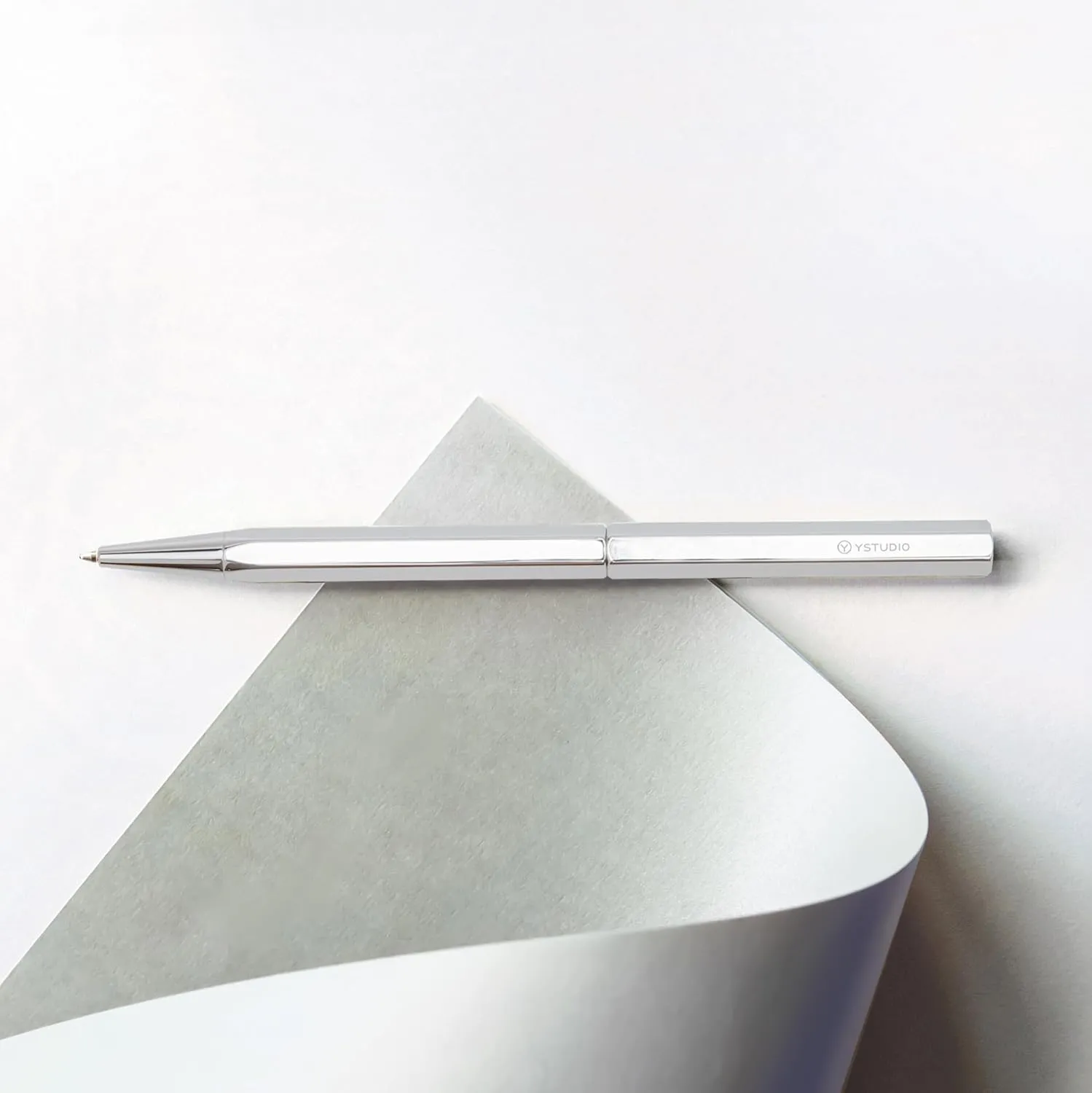 YSTUDIO Luxury Slim Ball Point Pen | Classic Revolve Series | Shiny Silver Metallic Pen | Perfect for Gifting