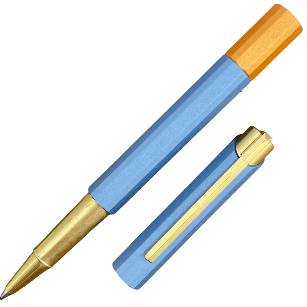 YSTUDIO Bihex Glamour Series Roller Ball Pen Blue Gin Classic Hexagon Design Brass