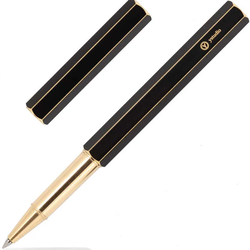 YSTUDIO Black Brassing-Rollerball Pen with Six Shining Lines Revealing the Brass Underneath