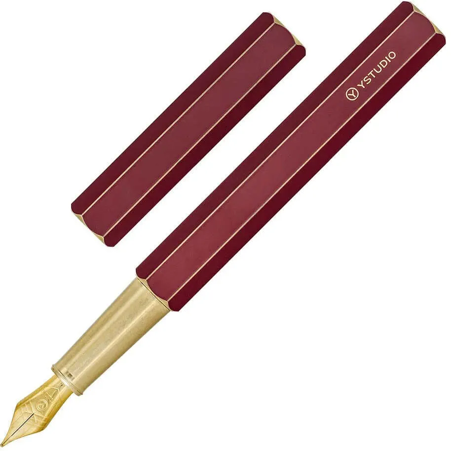 YSTUDIO Classic Red Hexogon Fountain Ink Pen, Brass Body with Fine Steel Nib