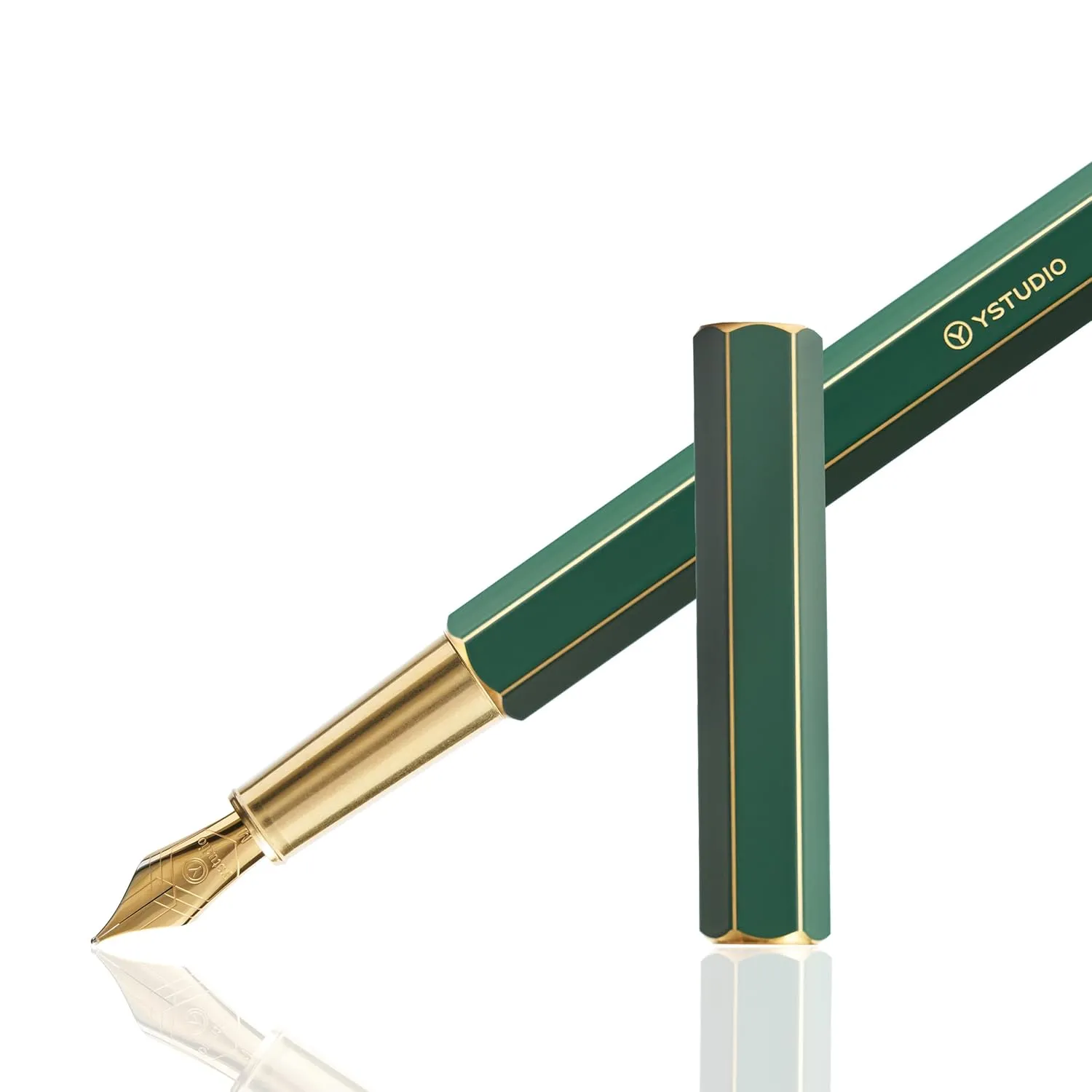 YSTUDIO Classic Green Hexogon Fountain Ink Pen, Brass Body with Medium Steel Nib