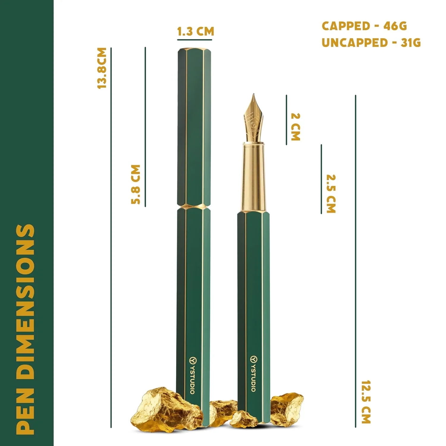 YSTUDIO Classic Green Hexogon Fountain Ink Pen, Brass Body with Medium Steel Nib