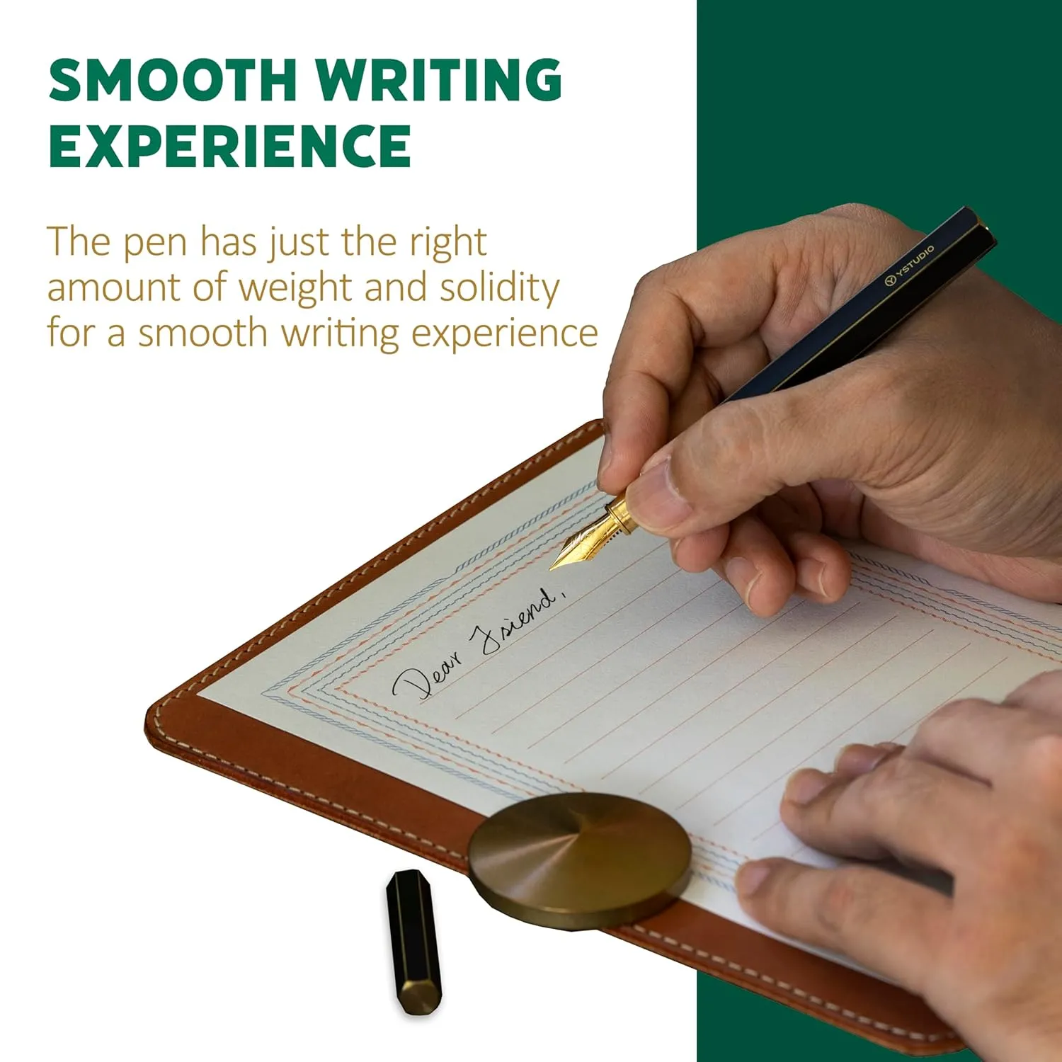YSTUDIO Classic Green Hexogon Fountain Ink Pen, Brass Body with Medium Steel Nib