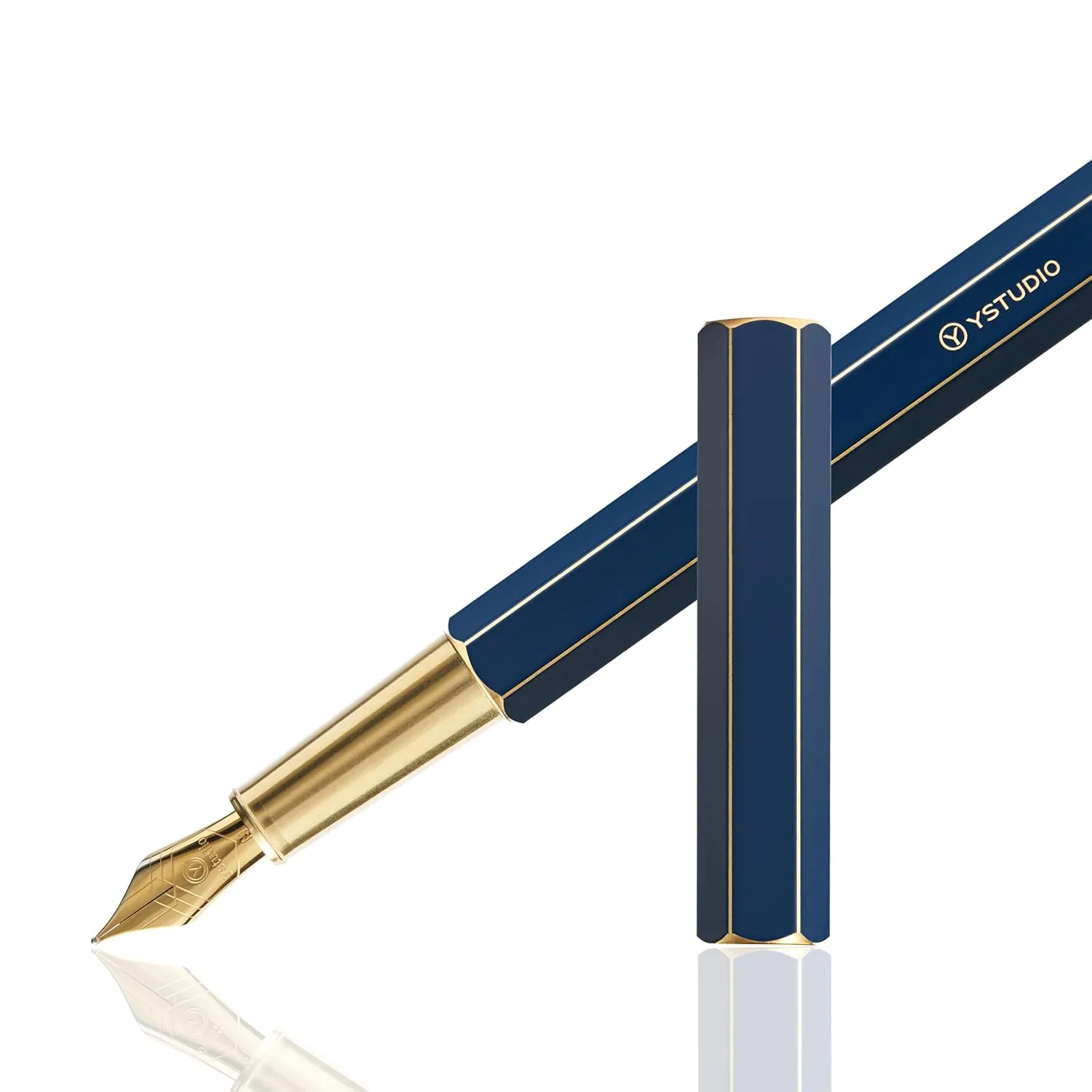 YSTUDIO Classic Blue Hexogon Fountain Ink Pen, Brass Body with Medium Steel Nib