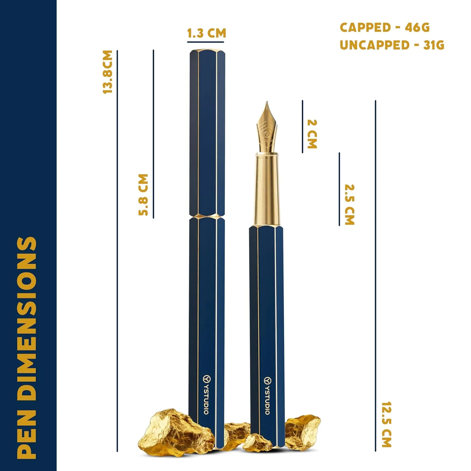 YSTUDIO Classic Blue Hexogon Fountain Ink Pen, Brass Body with Fine Steel Nib
