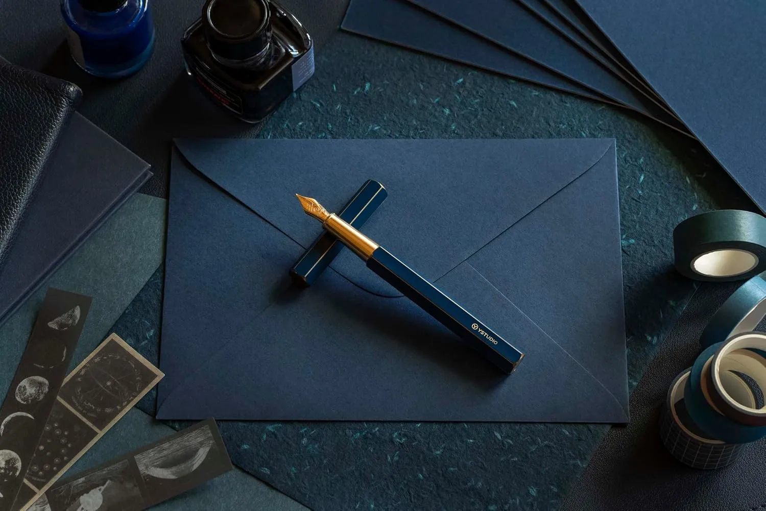 YSTUDIO Classic Blue Hexogon Fountain Ink Pen, Brass Body with Fine Steel Nib