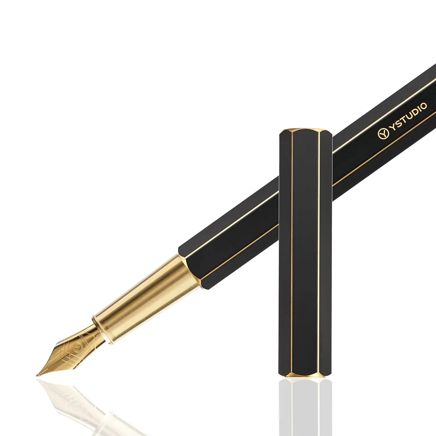 YSTUDIO Classic Black Hexogon Fountain Ink Pen, Brass Body with Medium Steel Nib