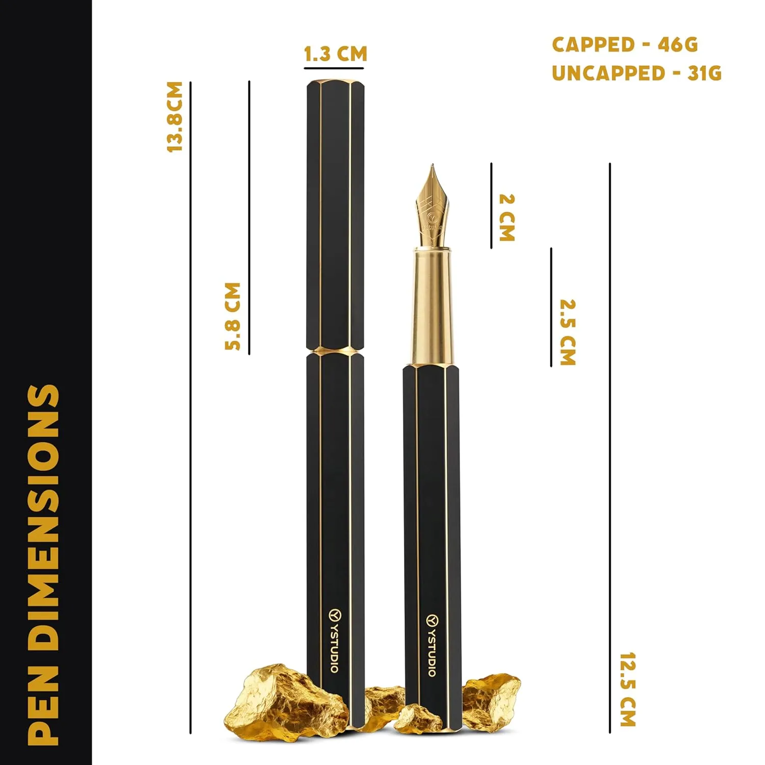YSTUDIO Classic Black Hexogon Fountain Ink Pen, Brass Body with Medium Steel Nib