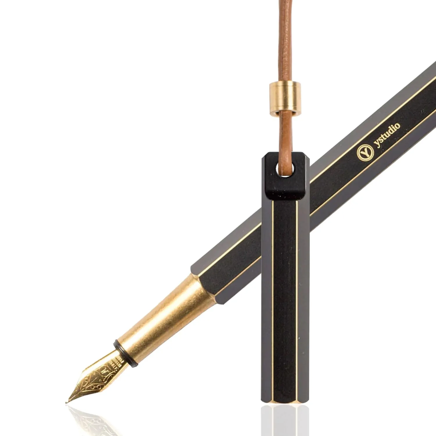 YSTUDIO Portable Fountain Ink Pen | Black Metal Brass Body | Fine Nib with Gold Plating | Classic Revolve Series