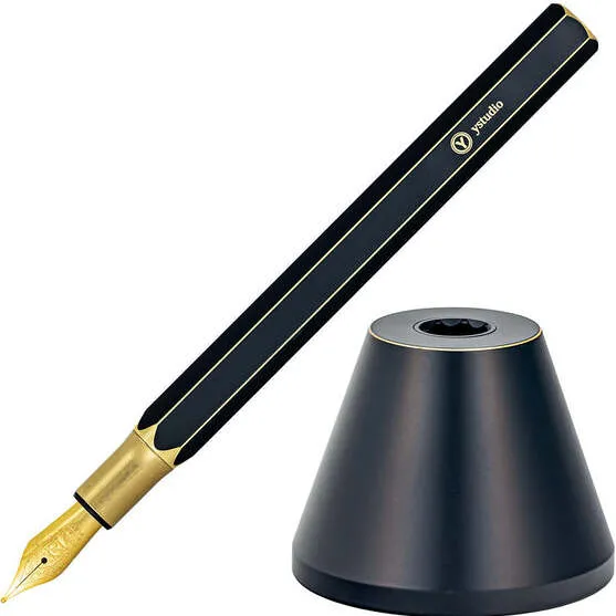 YSTUDIO Classic Revolve Desk Fountain Pen Black Material - Brass Gold Plated Fine Nib Converter (Included) Without Cap