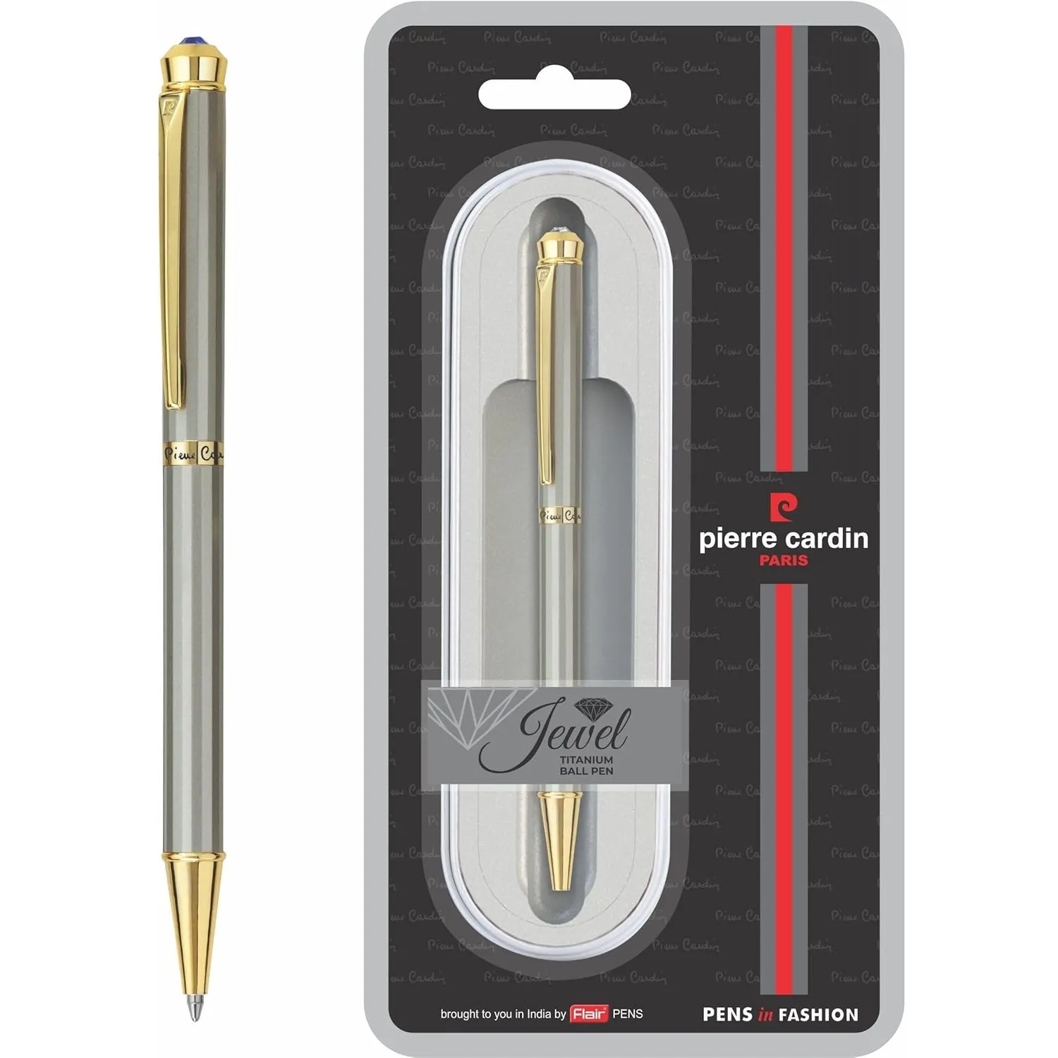 Pierre Cardin Jewel Titanium Premium Ball Pen with Twist Mechanism | Crystal Studded Stone on Top | Ideal for Festive