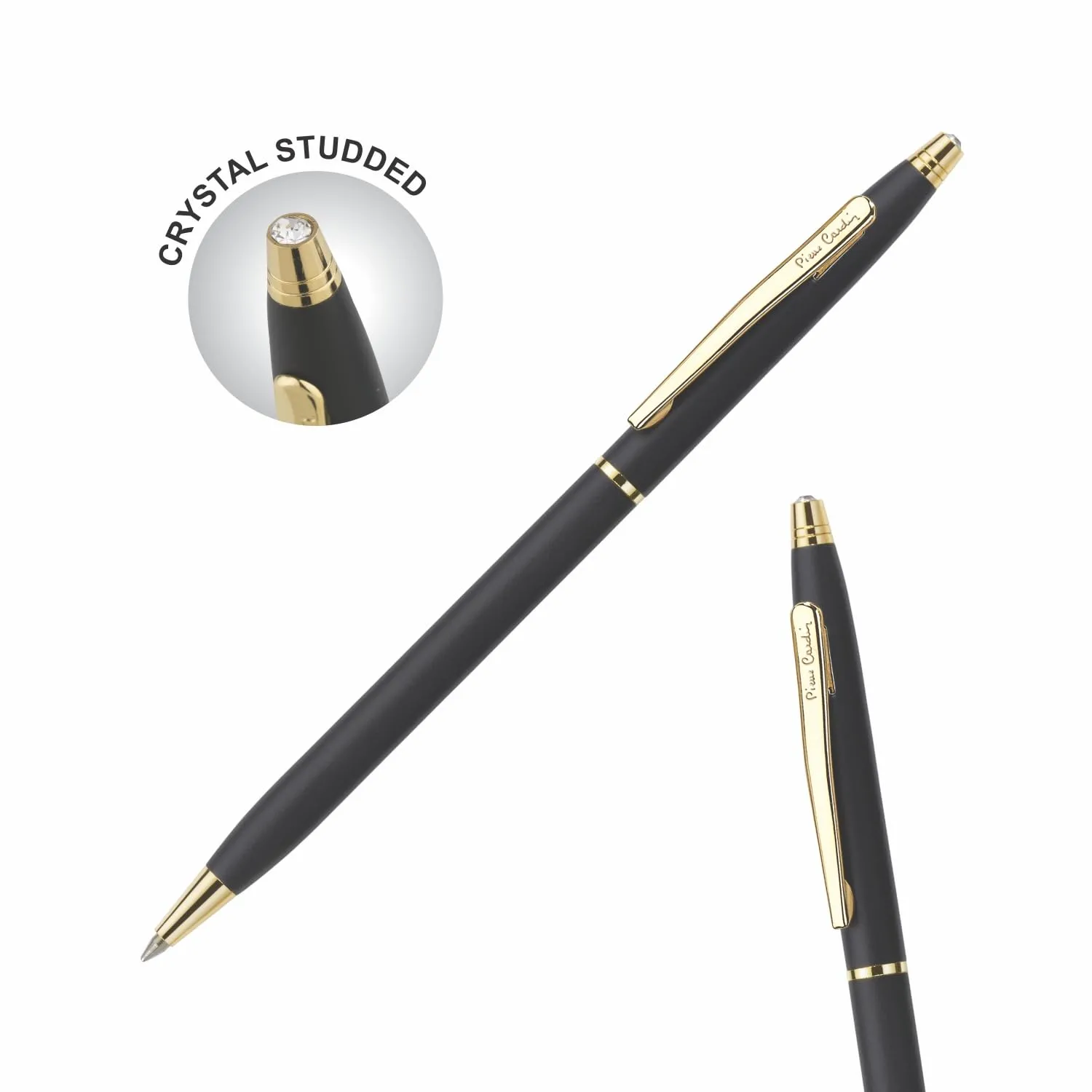 Pierre Cardin Kriss Japan Black Ball Pen with Twist Mechanism | Premium Matt Finish Texture with Crystal Studd on Top | Ideal For Christmas, New Year