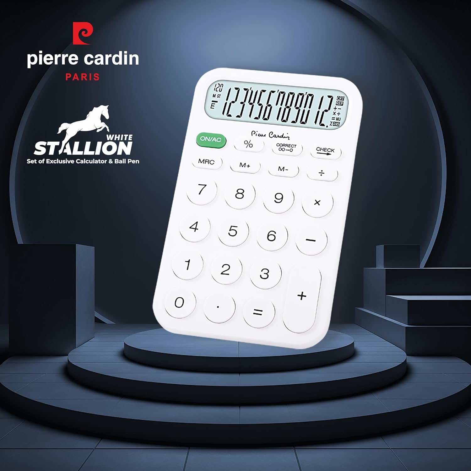 Pierre Cardin White Stallion Gift Set | Premium White Body Pen & Large Display 12 Digits Calculator | Ideal For Christmas, New Year & Corporate Gifting