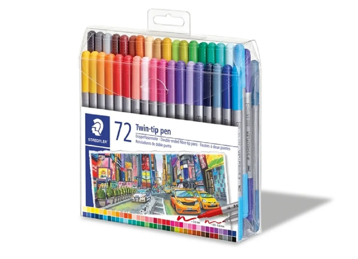 STAEDTLER 3200 TB72 TWIN-TIP DOUBLE ENDED FIBRE-TIP PEN ASSORTED WALLET OF 72 COLOURS