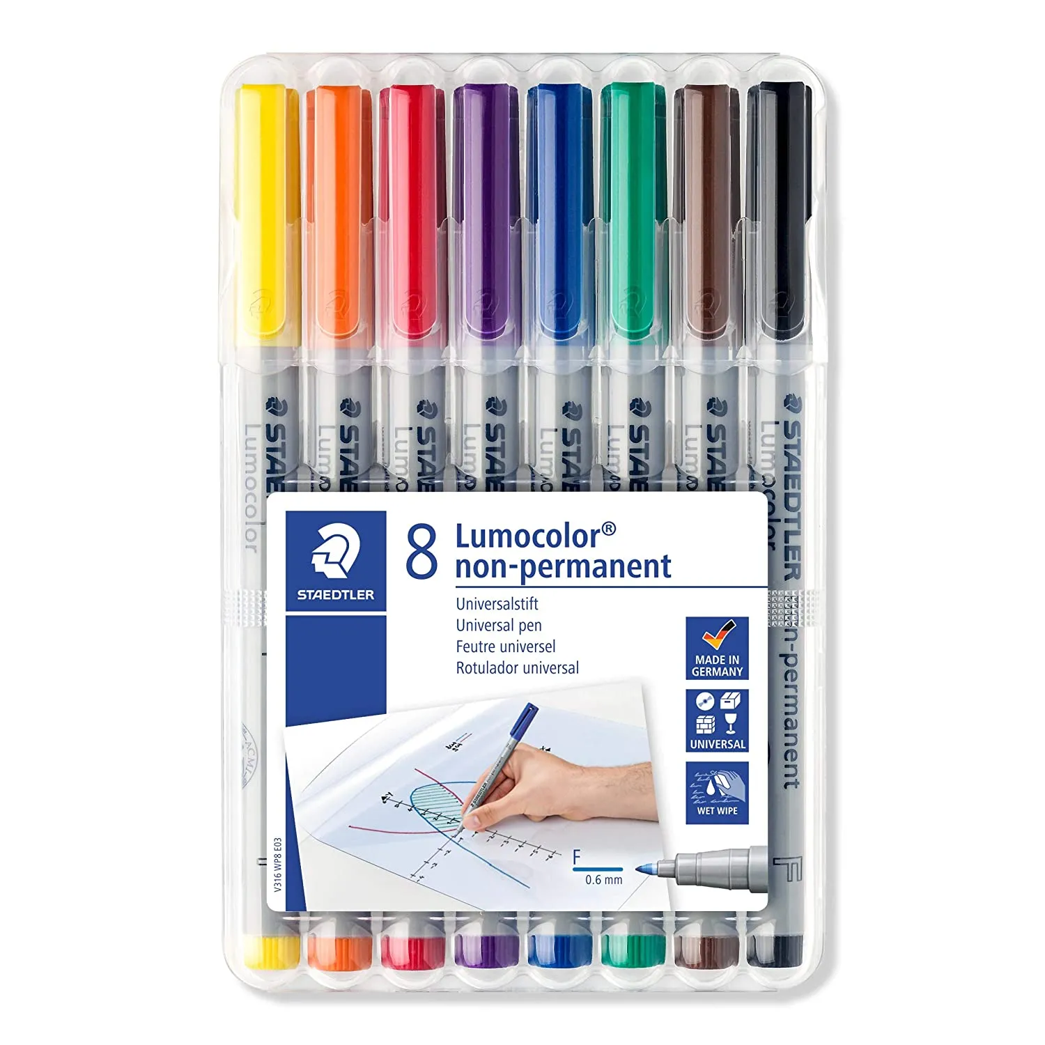 Staedtler Lumocolor 316WP8 Fine 0.6 MM Line Non-Permanent Pen - Assorted Colours (Pack Of 8)