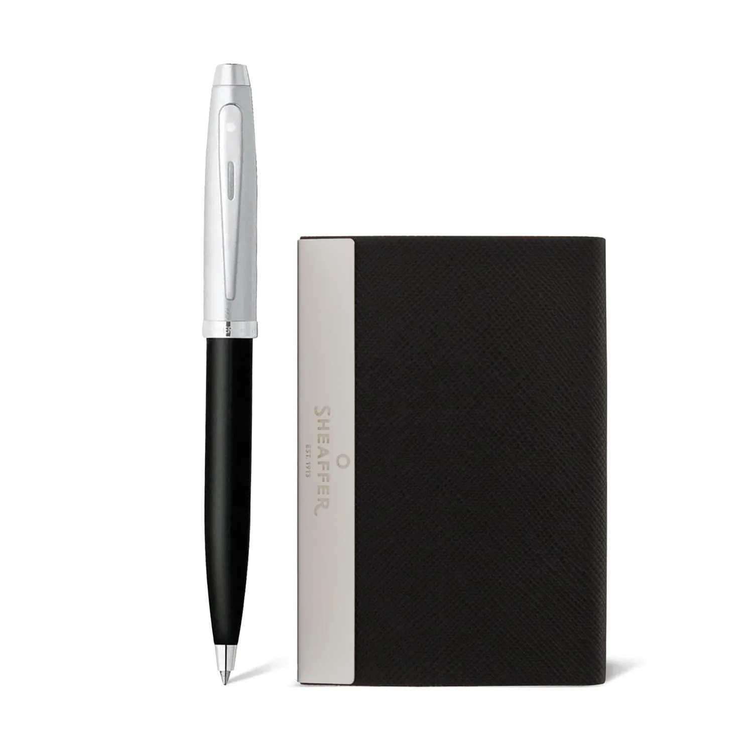 Sheaffer Gift Set 100 Glossy Black Barrel Brushed Chrome Ballpoint Pen With Business Card Holder | Pen Set for Gift