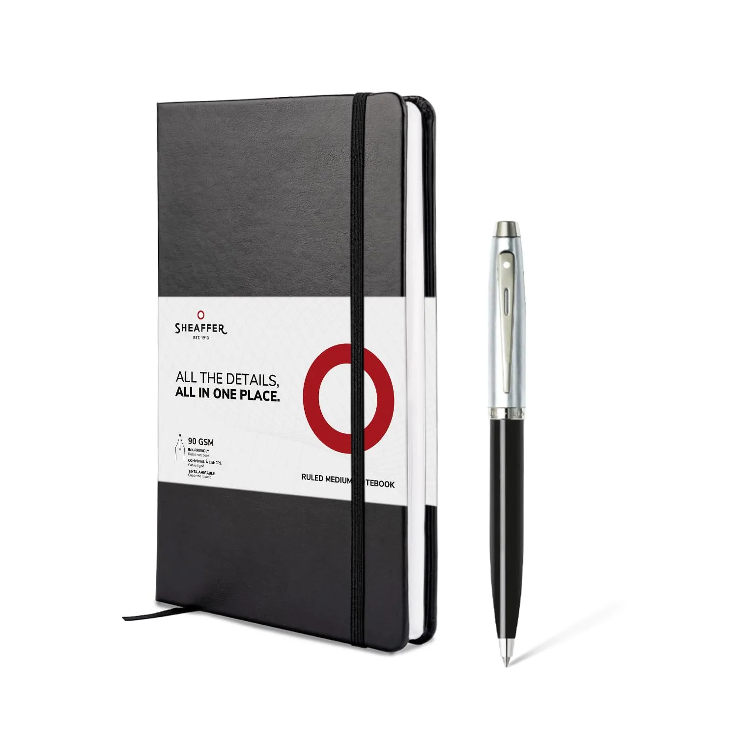 Sheaffer Gift Set 100 | G9313 Glossy Black Barrel Brushed Chrome Cap Ballpoint Pen with Medium Notebook | Premium Gift Set