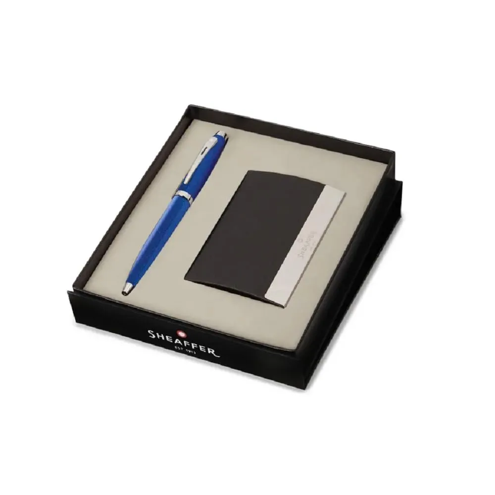 Sheaffer Gift Set 100 Ballpoint Pen With Business Card Holder Glossy Blue With Chrome Trims | Pen Set for Gift