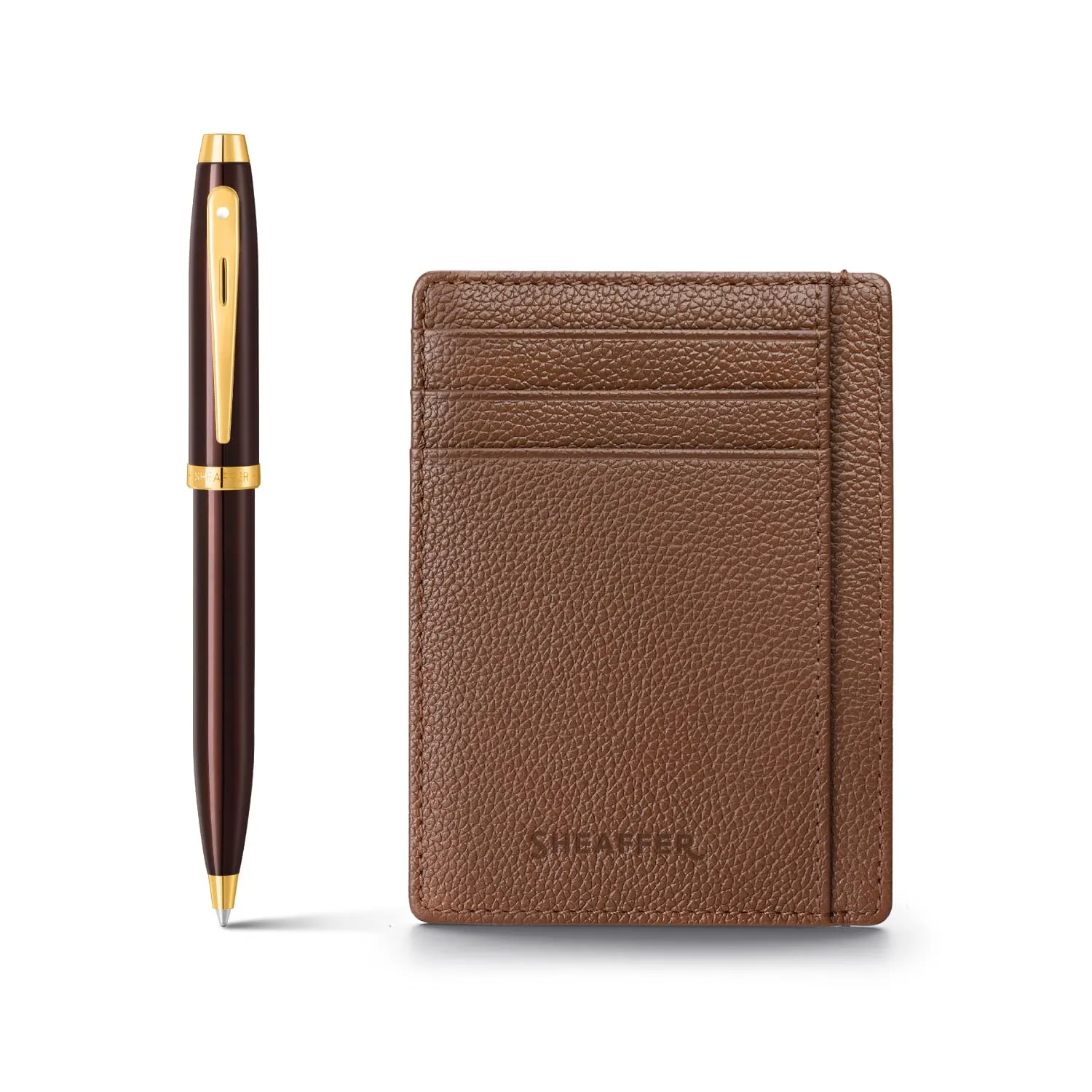 Sheaffer Gift Set 100 9370 Glossy Brown Ballpoint Pen with Rustic Mocha Credit Card Holder | Premium Gift Sets