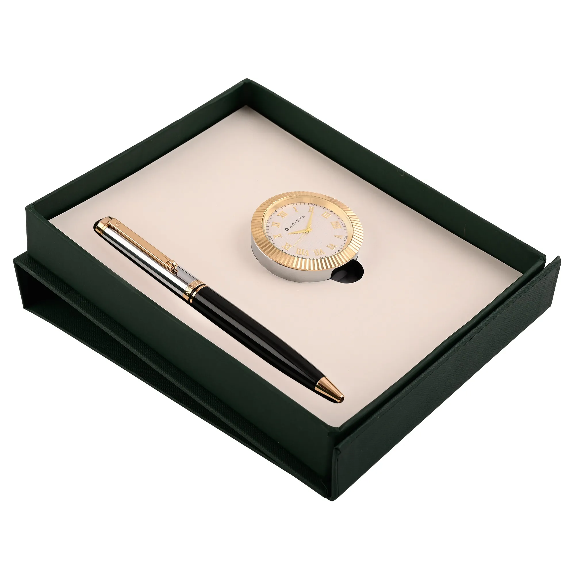 ARISTA Ballpoint Pen | Black Barrel | Chrome Cap | 24 CT Gold Plated Trim | With Gold Table Clock