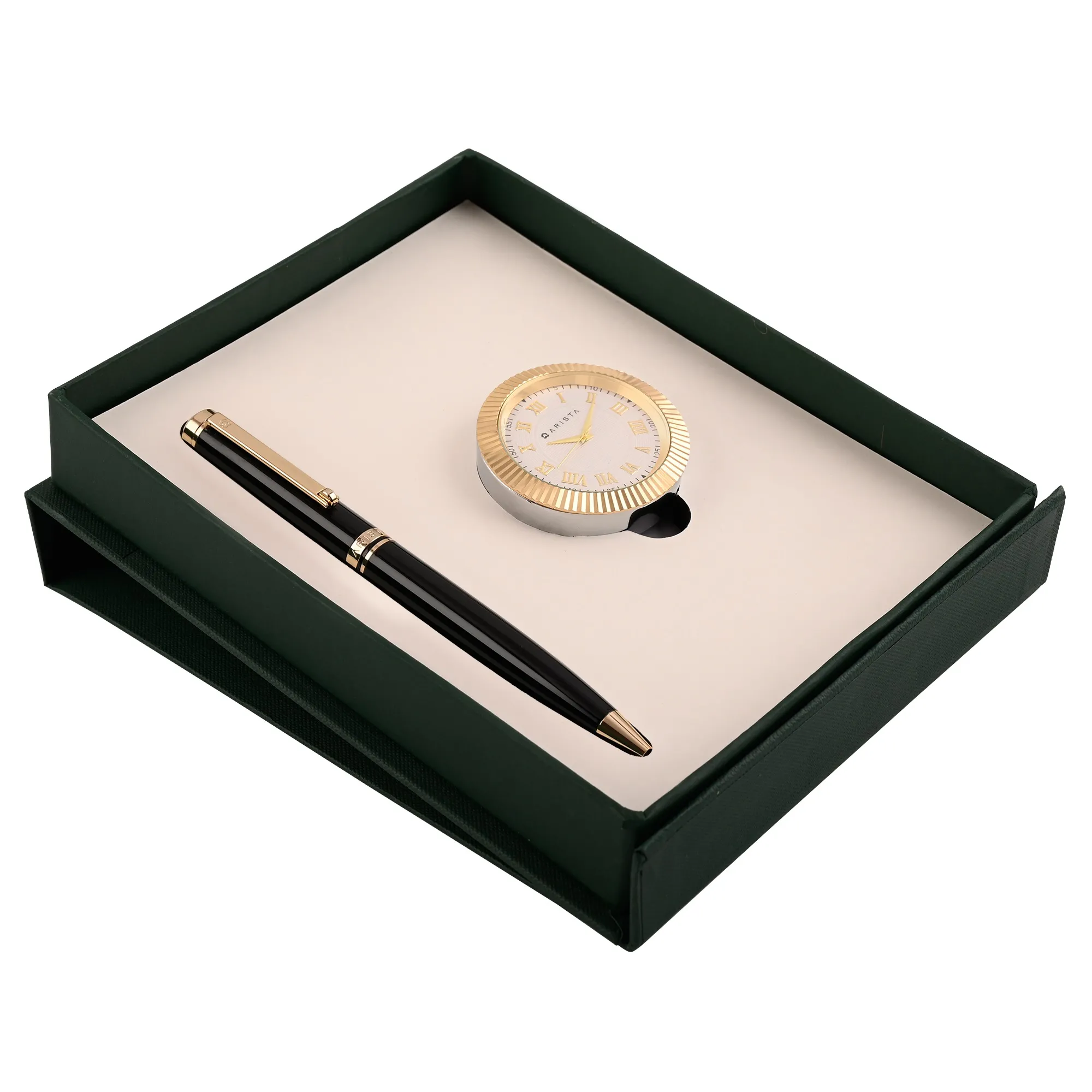 ARISTA Switch Ballpoint Pen Black Barrel | 24 CT Gold Plated Trim | With Gold Table Clock